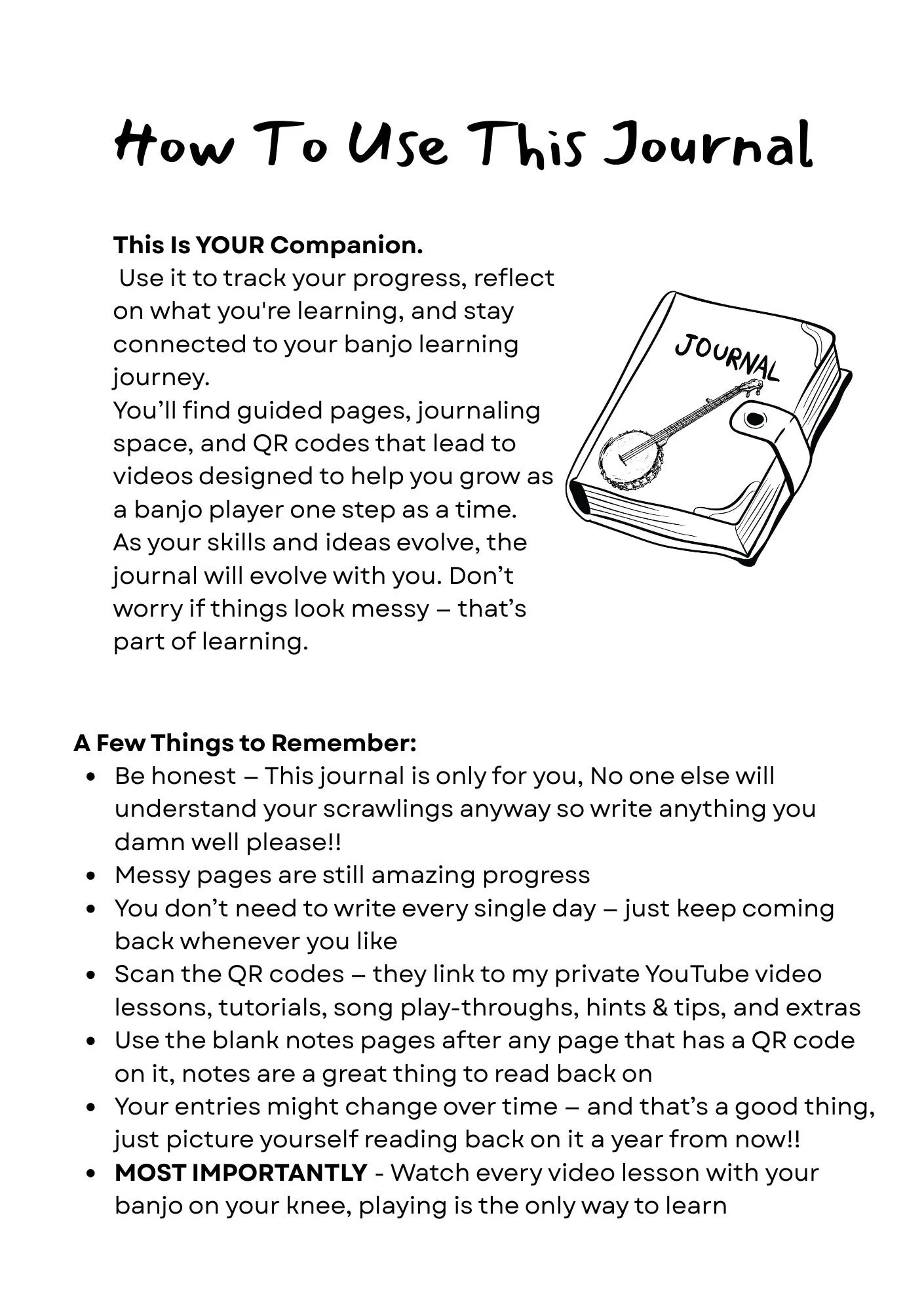 Instruction sheet on how to use a journal for tracking progress as a banjo learner, with a drawing of a journal with a banjo string on the cover.