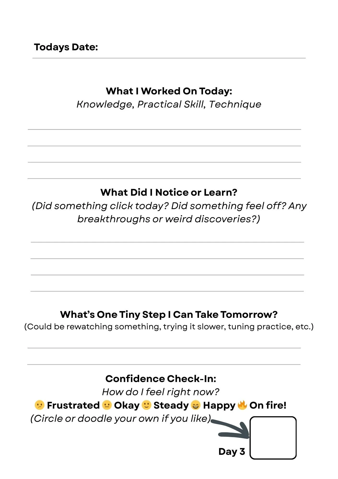 A daily reflection printable worksheet with sections for the date, what was worked on, what was learned, small steps for tomorrow, and a confidence check-in with emoticons and a square void for doodling or circling.