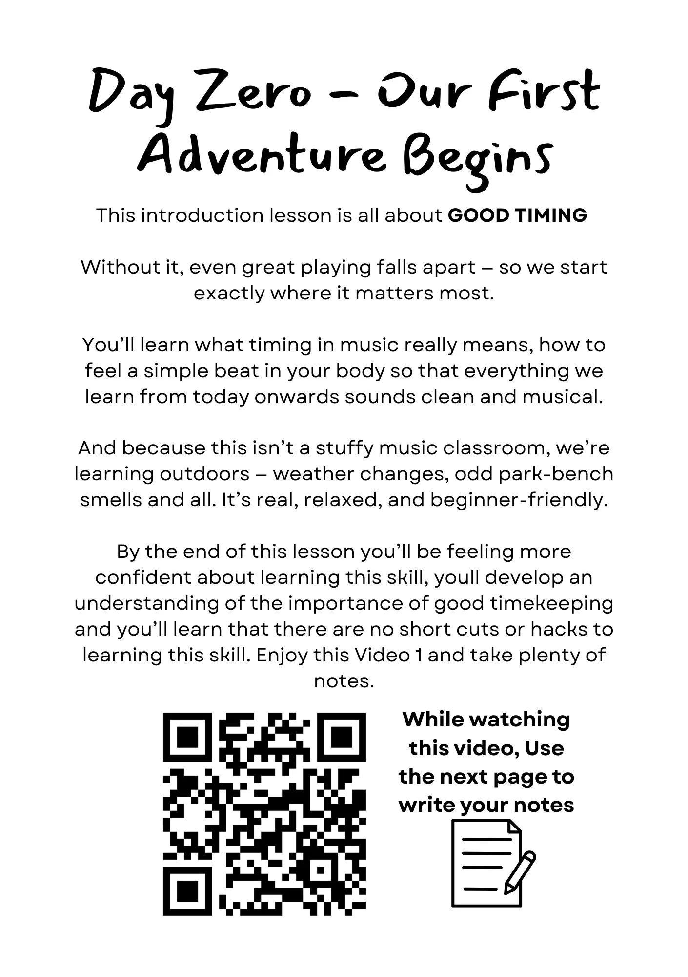 A PDF or document page titled 'Day Zero - Our First Adventure Begins' with text describing a music lesson about good timing, outdoors learning, and developing confidence. It includes a QR code and an icon of a notepad for taking notes.