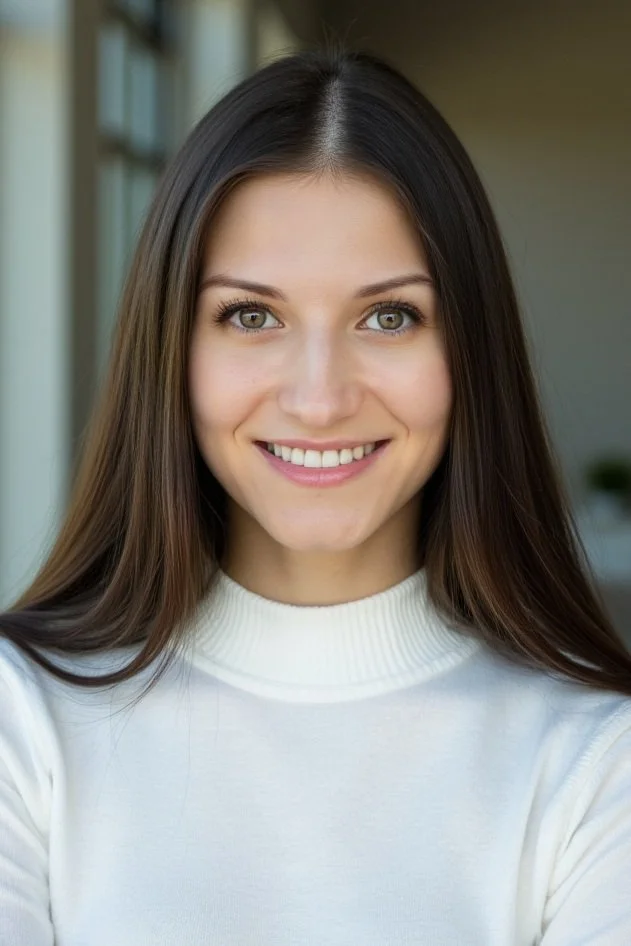 Smiling woman with long brown hair and white turtleneck sweater.
