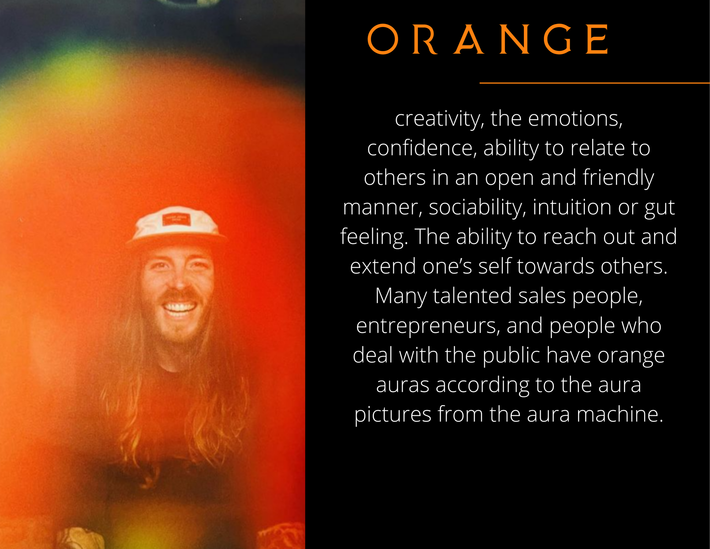 A person with long hair and a beard smiling, wearing a white cap with a red logo, against an orange and dark background.