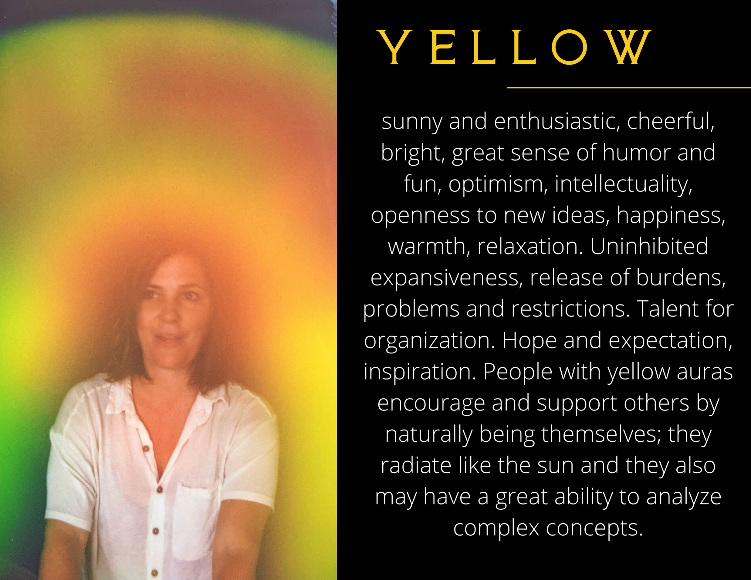 A woman with dark hair wearing a white button-up shirt, sitting in front of a black background with colorful yellow, orange, green, and red gradient patterns.