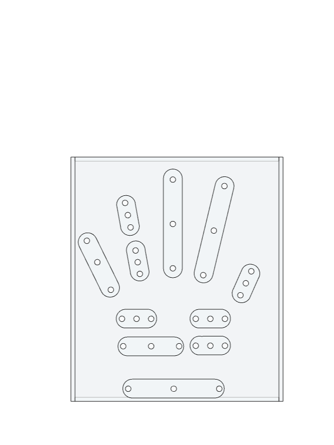 Outline drawing of various metal plates with holes, arranged within a rectangular frame.