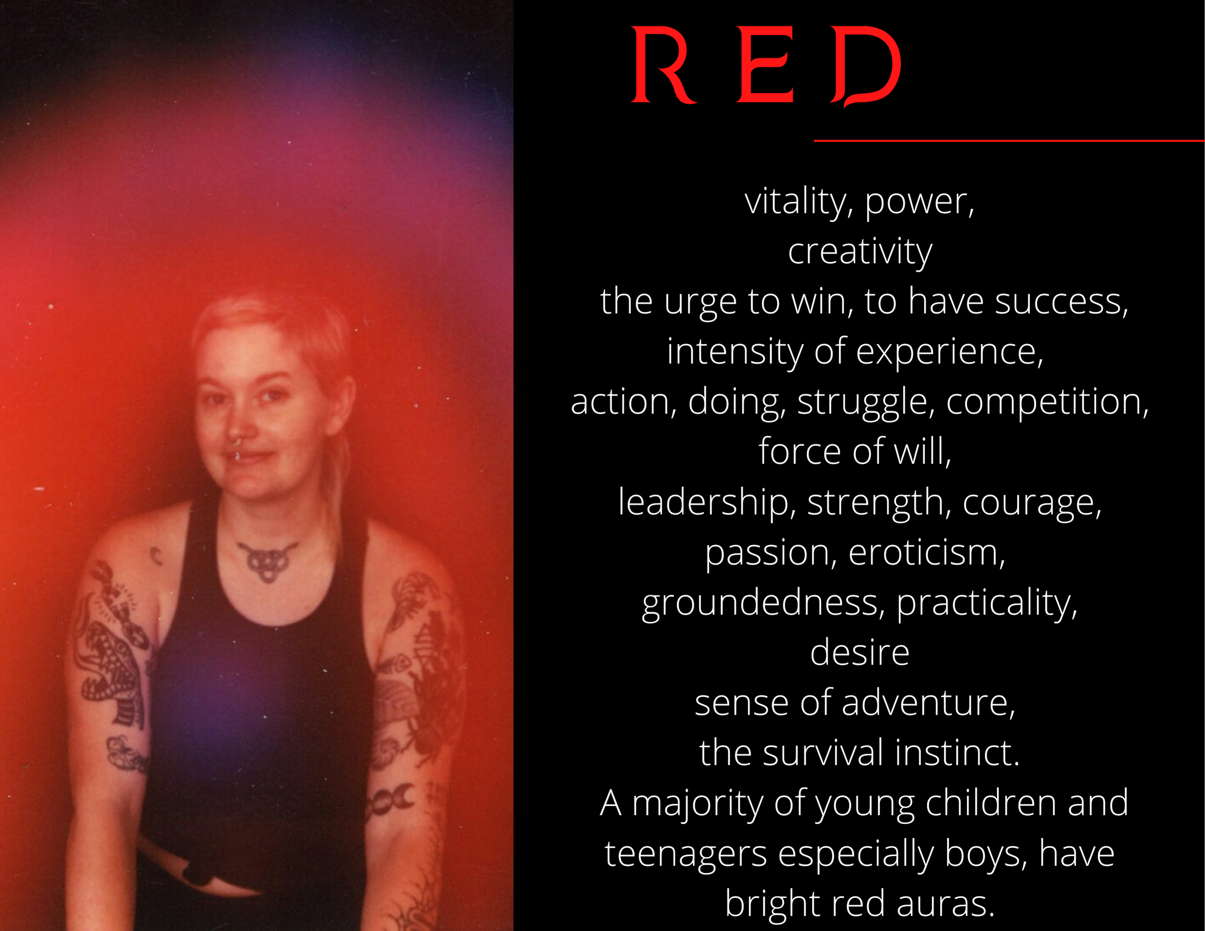 A young woman with tattoos on both arms, wearing a black top, and sporting a septum piercing, standing against a colorful, cosmic background with a gradient of red, orange, purple, and dark blue.