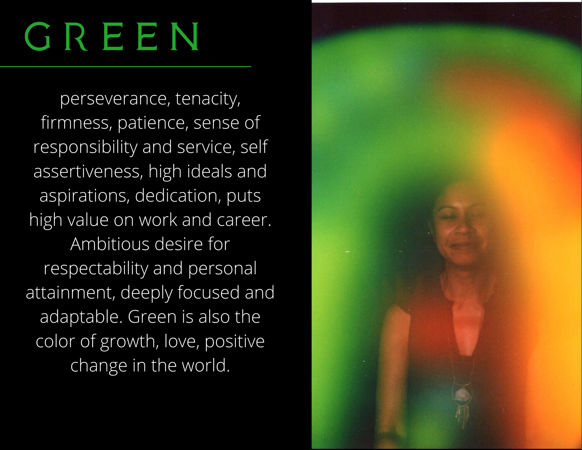 Text about the color green, its qualities and symbolism, with a partial image of a person and a background with green, yellow, and orange hues.