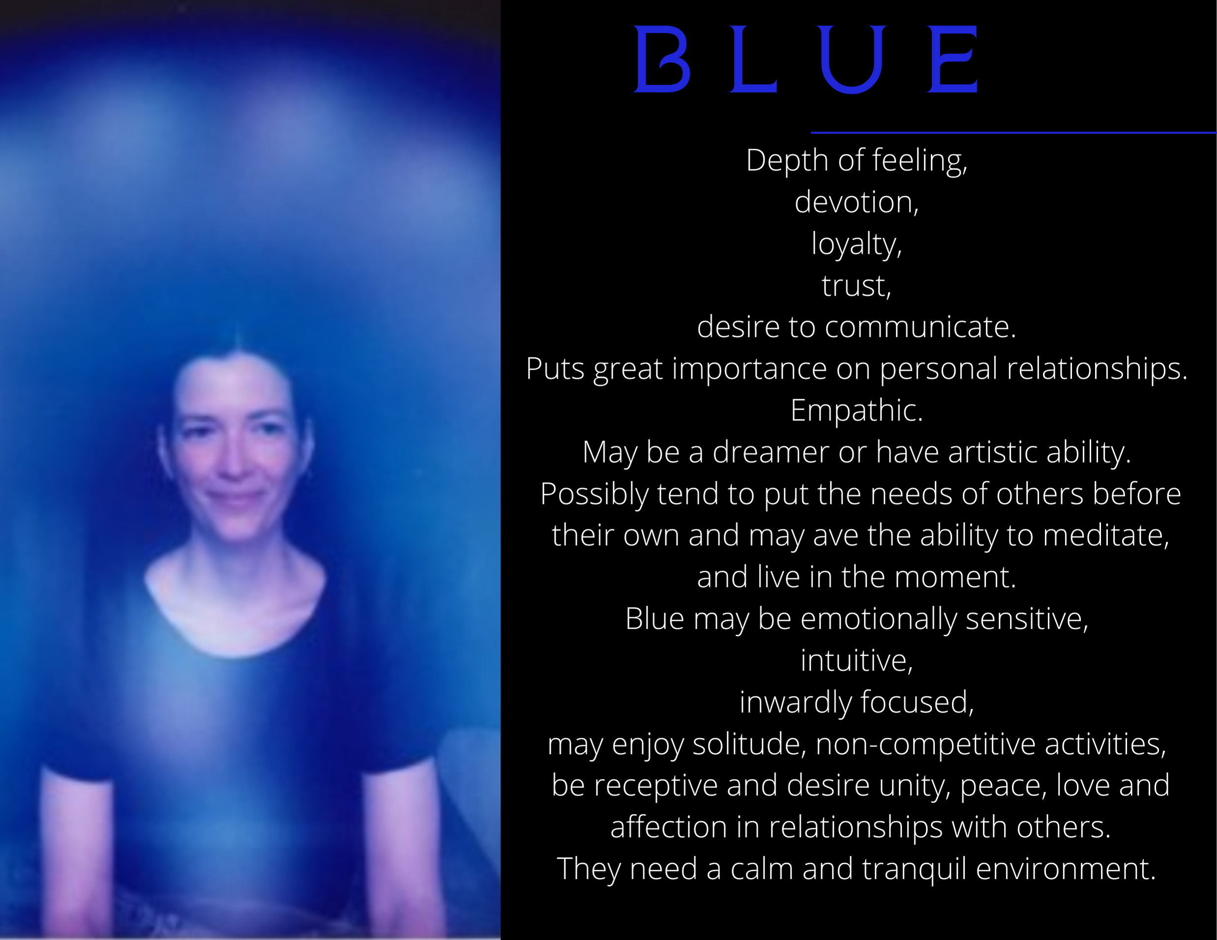 A woman with brown hair smiling, wearing a black shirt, against a blue background, with a text block on the right describing traits associated with the color blue.