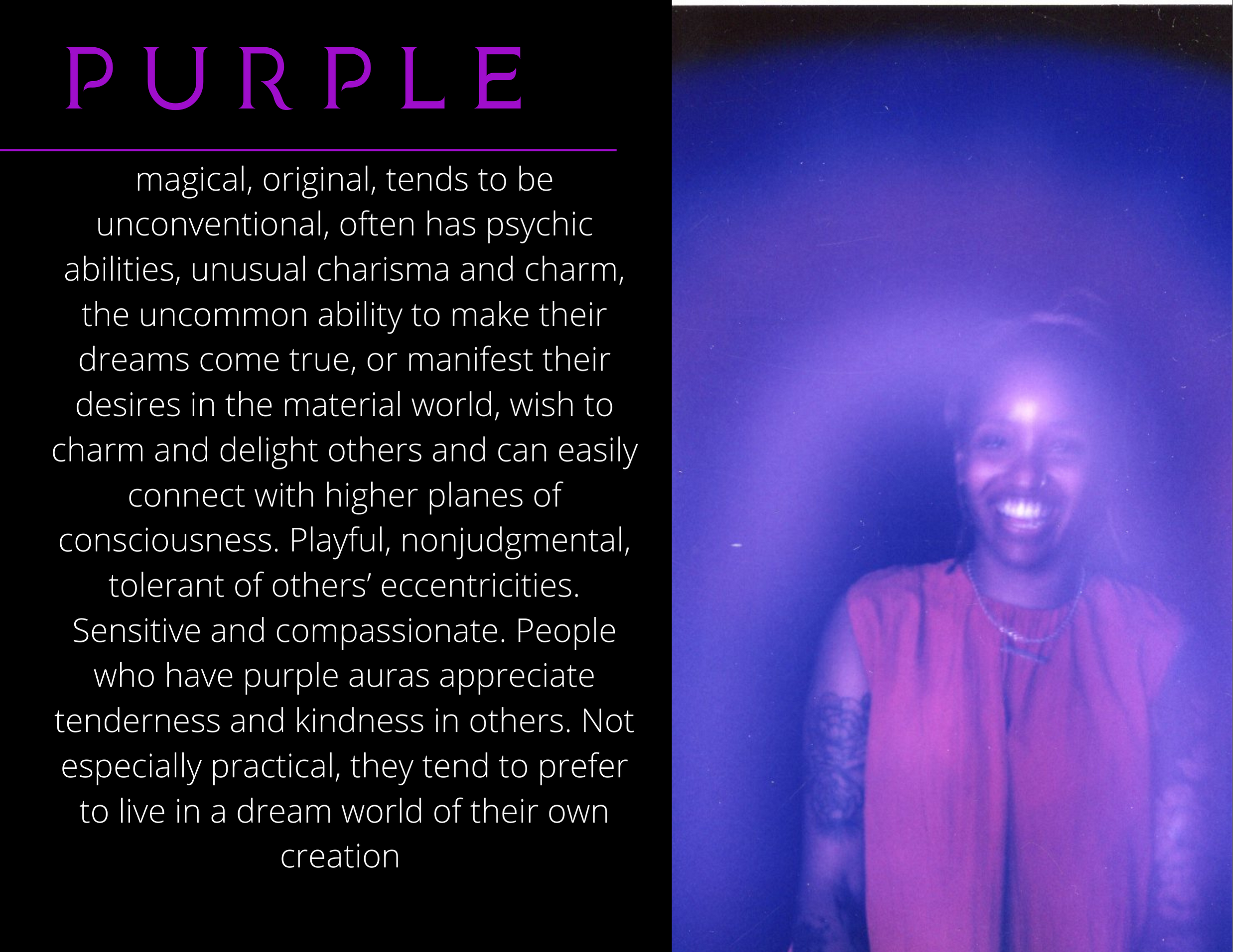 A section of a digital graphic displaying the word 'PURPLE' in large purple letters, with a definition paragraph underneath. The background features a photograph of a night sky with stars and a lens flare, revealing a person's face with a smiling expression on the right side.