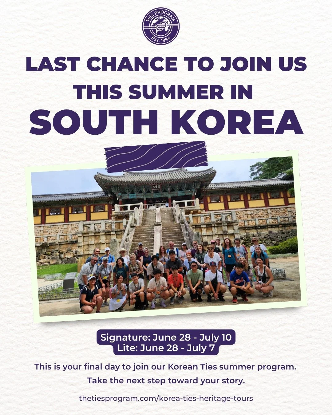 🚨 Last Call! Today is your final chance to register for Korean Ties Summer 2026. Don&rsquo;t miss out on this unforgettable heritage adventure! 🌏✨ Registration closes April 15 at midnight.

👉 Register now: https://bit.ly/KoreanTiesHeritageTrips or