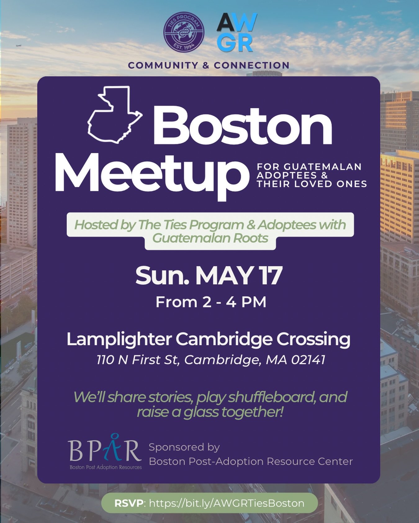 Join us in Boston for an afternoon of connection, community, and good company 💛

Community &amp; Connection: Boston Meetup
Sunday, May 17 | 2&ndash;4 PM
Lamplighter Cambridge Crossing | Cambridge, MA

Hosted by The Ties Program and @withguateroots, 