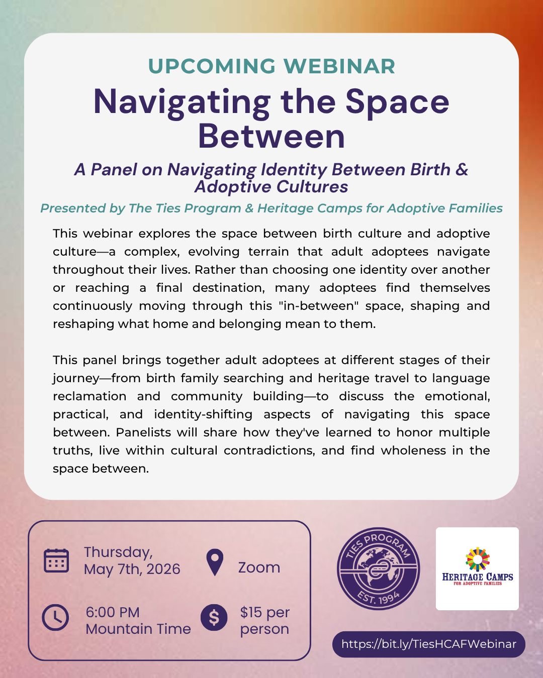 What does it mean to live in the space between? 💭

Join us for Navigating the Space Between: A Panel on Navigating Identity Between Birth and Adoptive Cultures, a conversation centered on the lived experiences of adult adoptees.

🗓 Thursday, May 7,