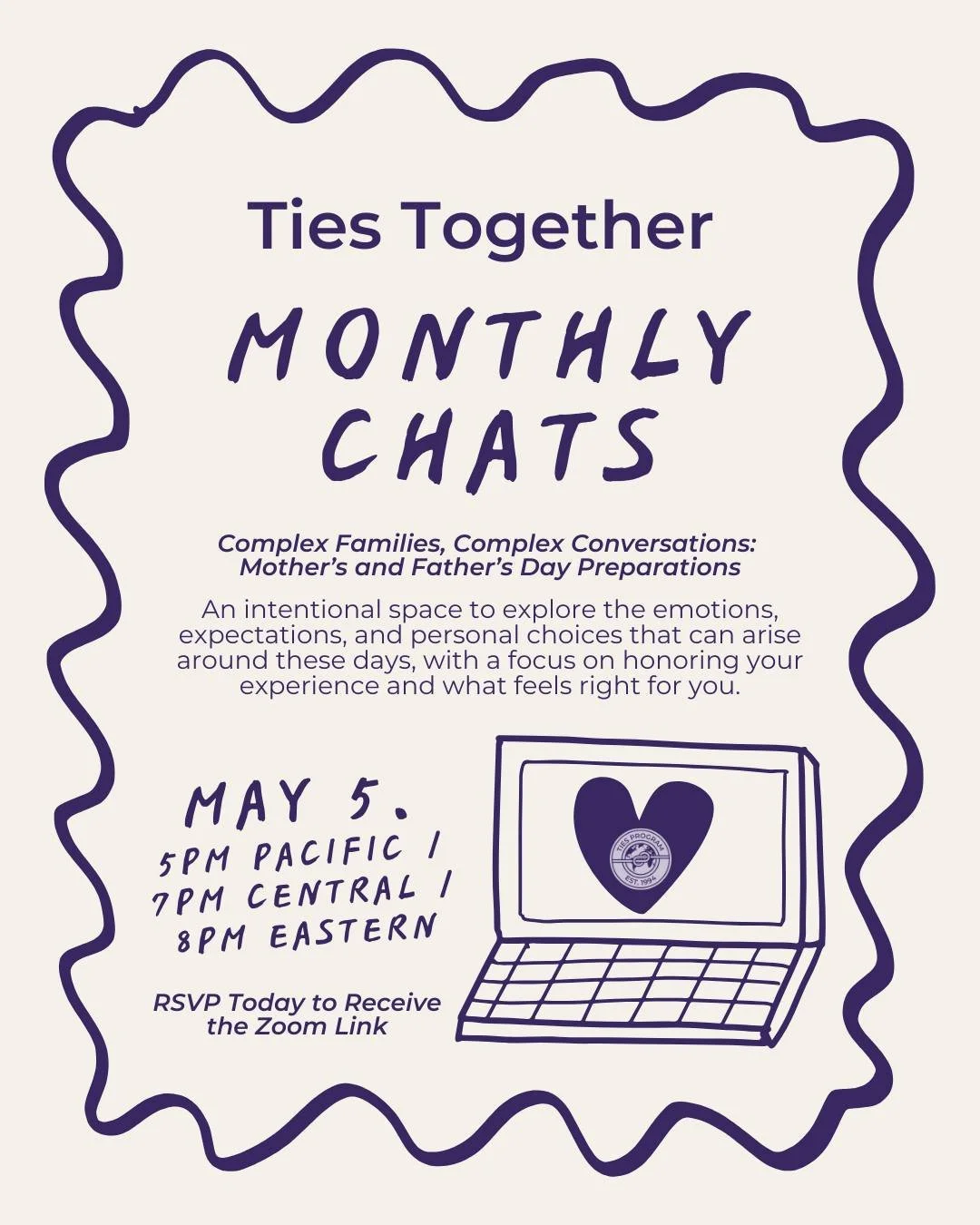 Ties Together: Monthly Chat is back for May! 🗓️
RSVP at the link in our bio
Join us on Tuesday, May 5, 2026 at 5pm Pacific / 7pm Central / 8pm Eastern for an hour of connection, reflection, and real talk with adoptees and loved ones.

This month&rsq
