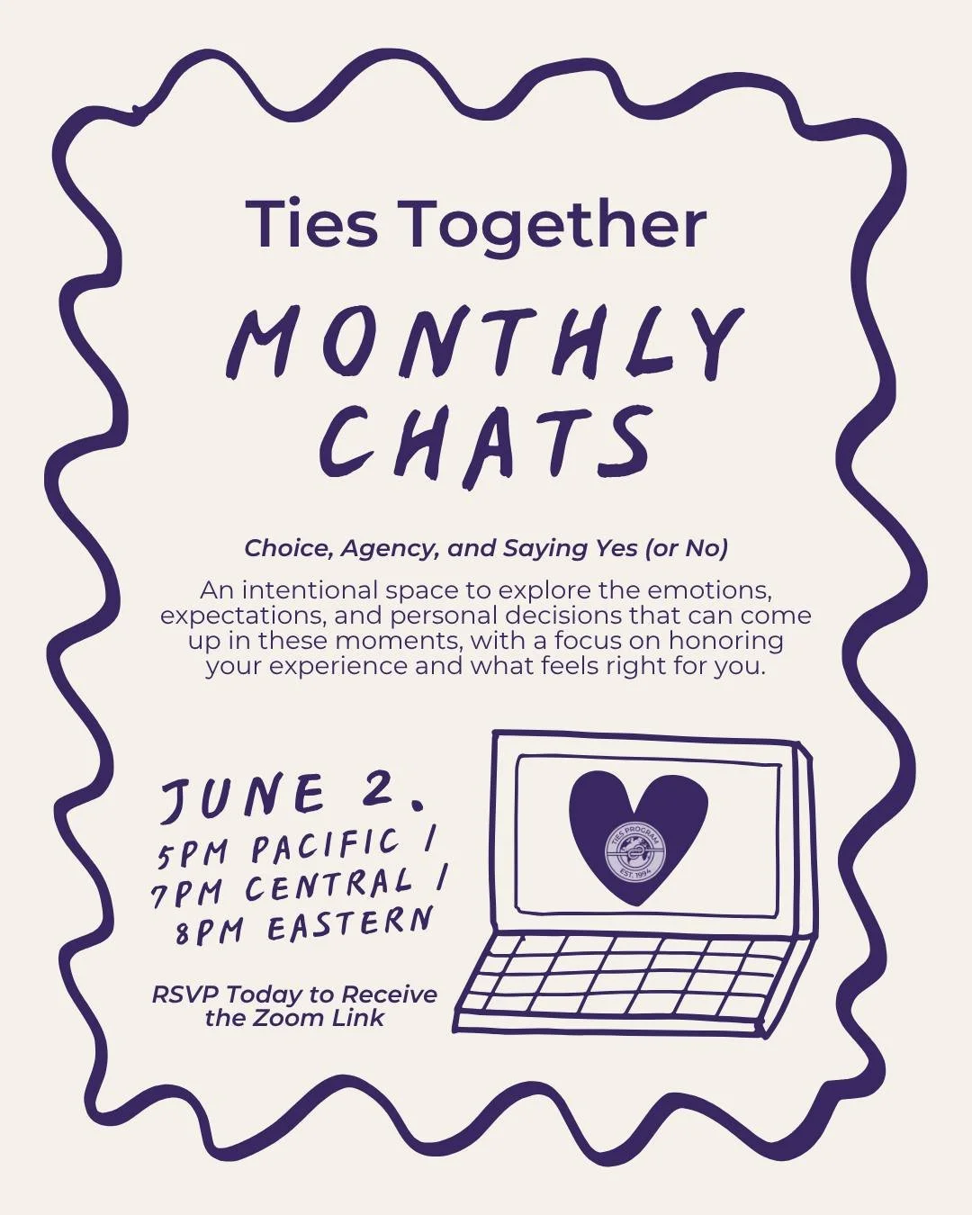 Ties Together: Monthly Chat is back for June! 🗓️
RSVP: https://bit.ly/TiesTogetherSignUp

Join us on Tuesday, June 2, 2026 at 5pm Pacific / 7pm Central / 8pm Eastern for an hour of connection, reflection, and real talk with adoptees and loved ones.
