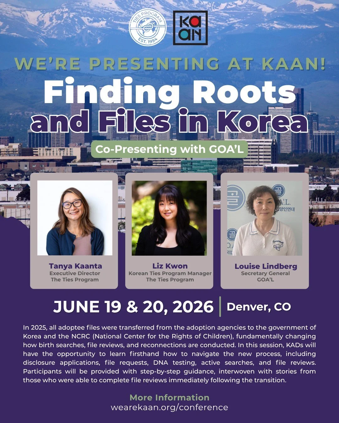 📢 WE&rsquo;RE PRESENTING AT KAAN 2026! 📢

We are incredibly honored to announce that The Ties Program is co-presenting with Global Overseas Adoptees' Link (G.O.A.'L) (@goalkorea ) at this year's KAAN: the Korean American Adoptee Adoptive Family Net