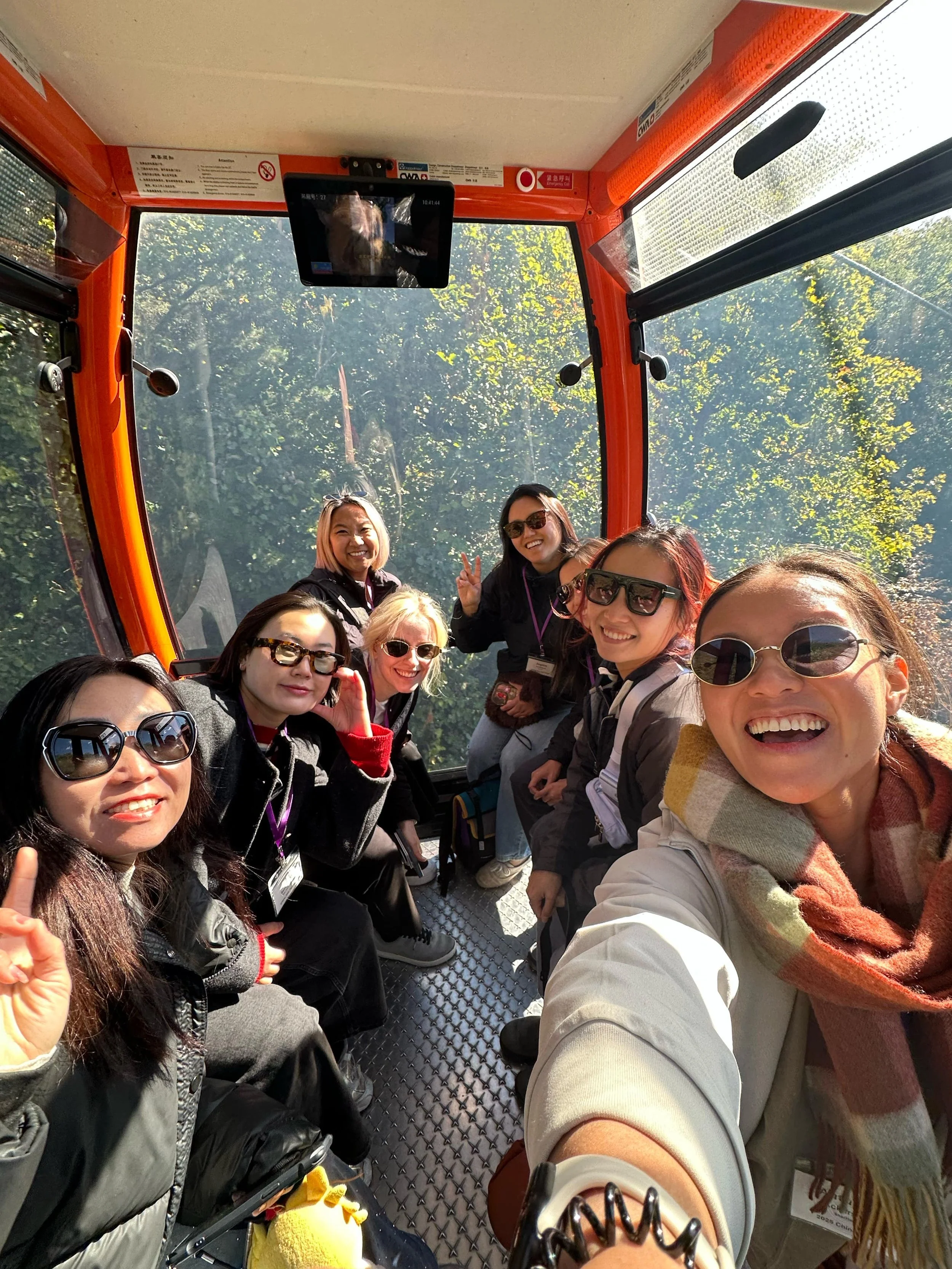 Photo of 8 people smiling at the camera while in a gondola.
