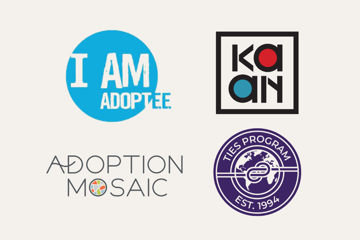 A promotional image of IAMAdoptee, KAAN, Adoption Mosaic and The Ties Program.