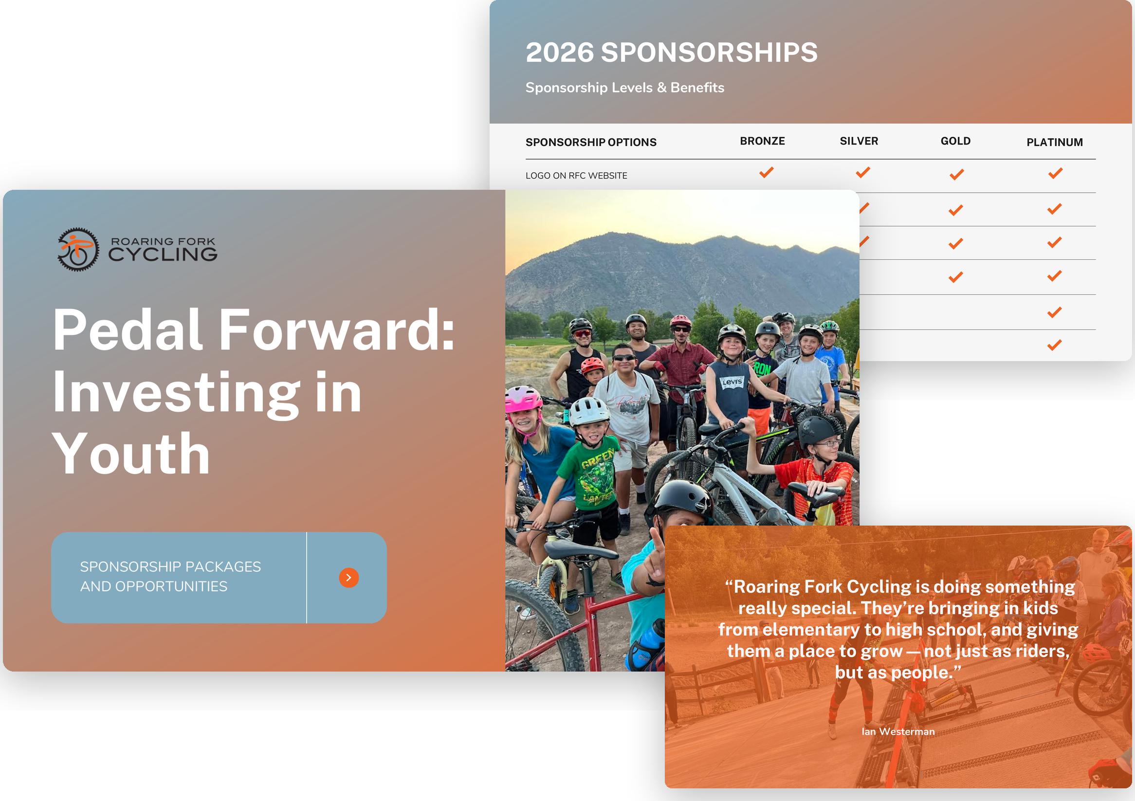 Slides from the Roaring Fork Cycling sponsorship deck: the Pedal Forward: Investing in Youth cover with a group of young riders, the 2026 sponsorship levels and benefits table, and a supporter quote.