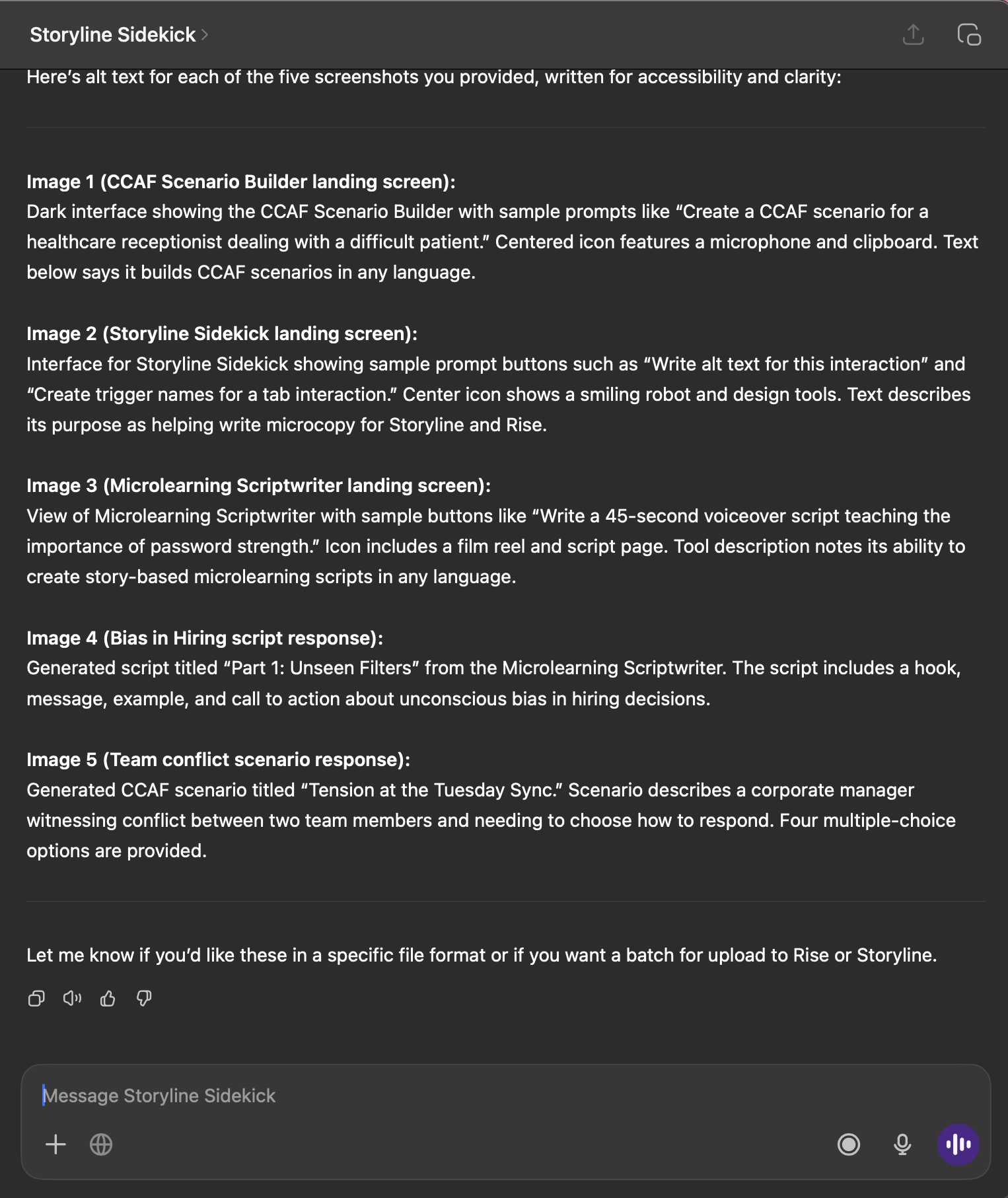 Expanded view of alt text descriptions:
Expanded chat view showing detailed alt text for five screenshots. Descriptions include interface overviews and purpose for tools like Storyline Sidekick, Microlearning Scriptwriter, and sample responses from g