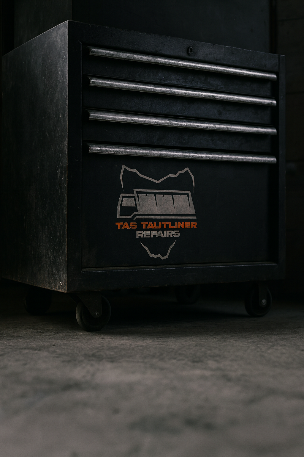 Image of a toolbox sitting in a dark workshop with a logo on the front