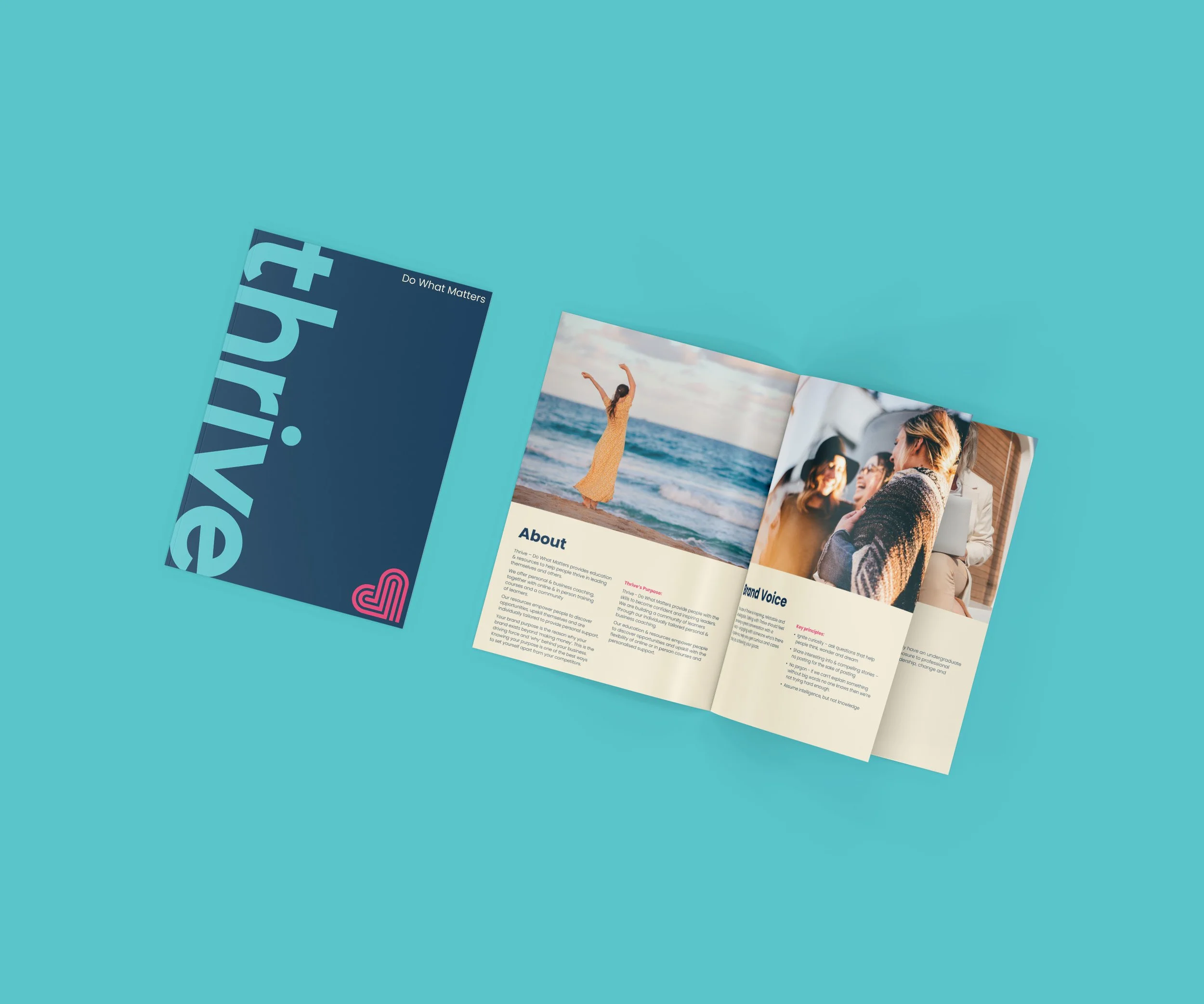 Open brochure on light blue background featuring a woman on the beach, three women in conversation with laptops, and text about 'About' and 'Sound Voice'.