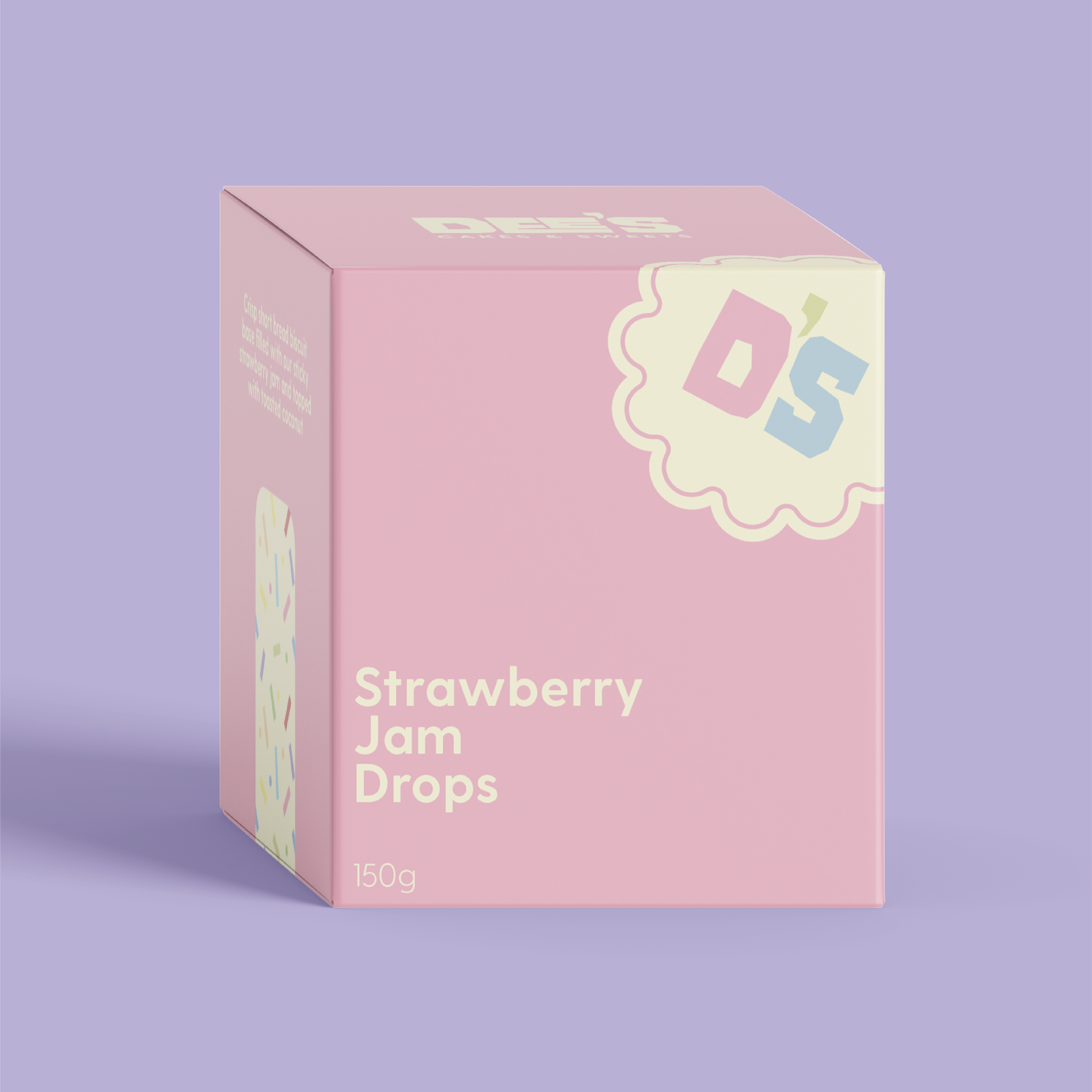 Pink box of strawberry jam drops with colorful sprinkles design, labeled 'Strawberry Jam Drops 150g' on a purple background.