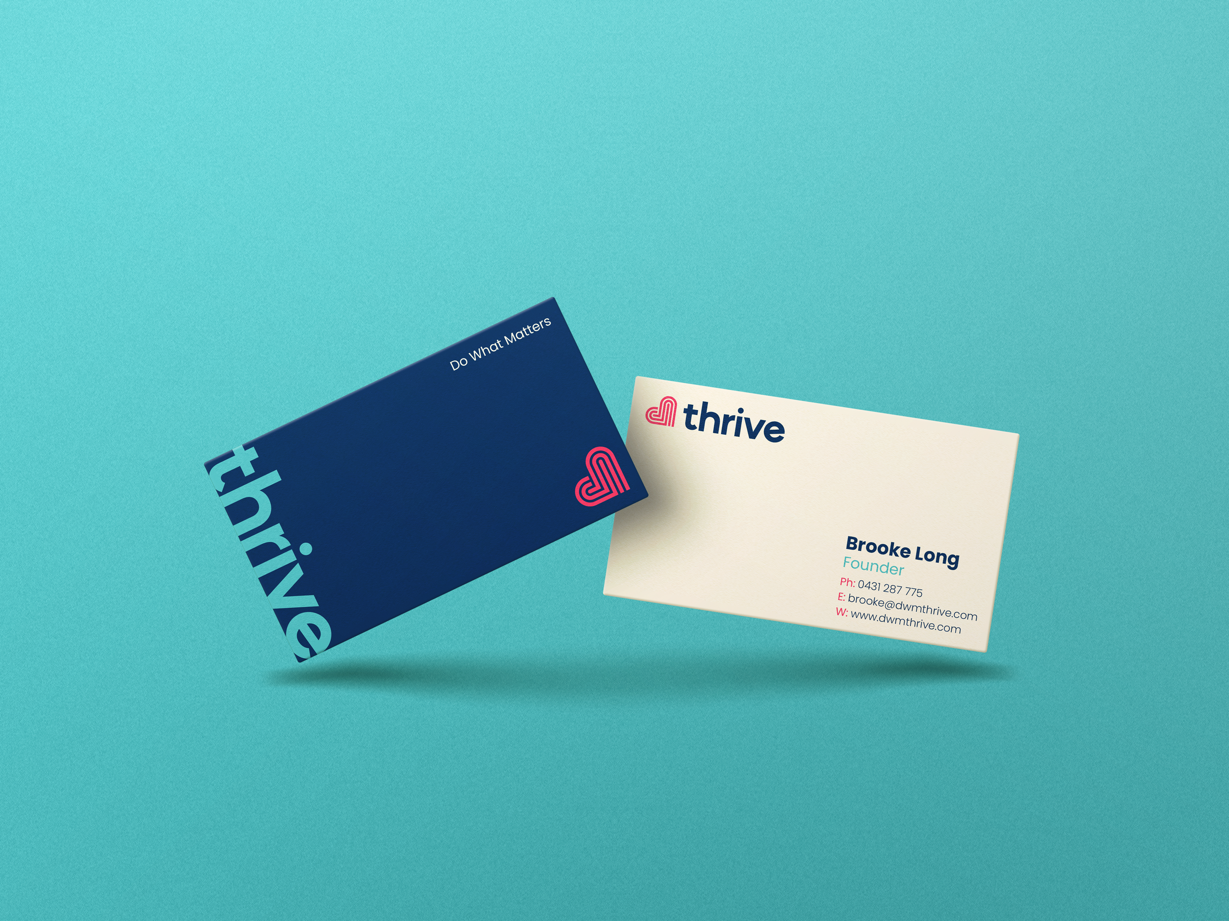 Business cards for Thrive featuring the logo, name, title, phone number, email, and website on a teal background.
