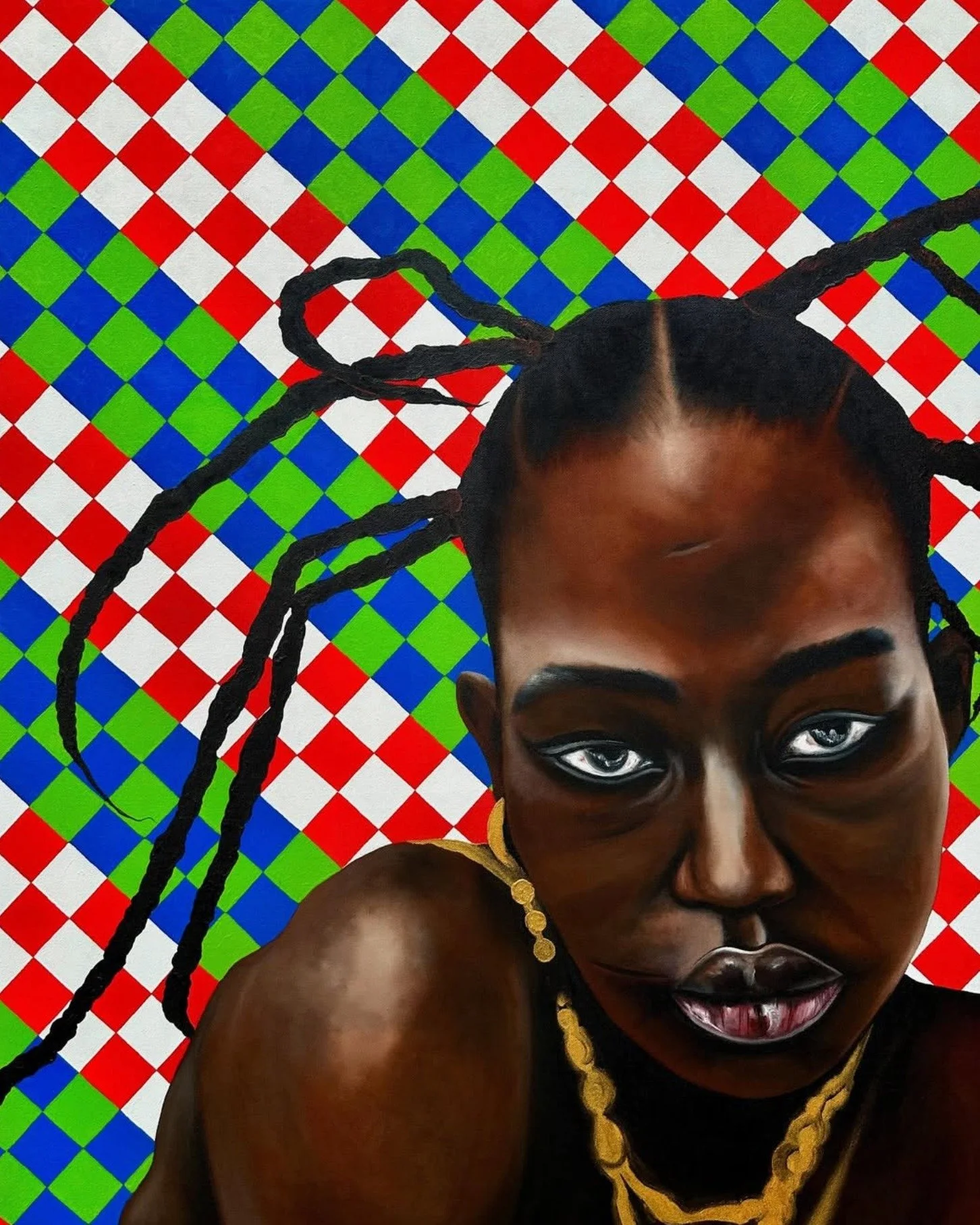 Le Catalogue: Modou Gueye @modou_art 

Featured Work: All Dimensions: 100 &times; 130

Why In Our Palette: A bold gaze that speaks louder than words.
These portraits are a celebration where color, and texture collide. The vivid checkered backdrops me