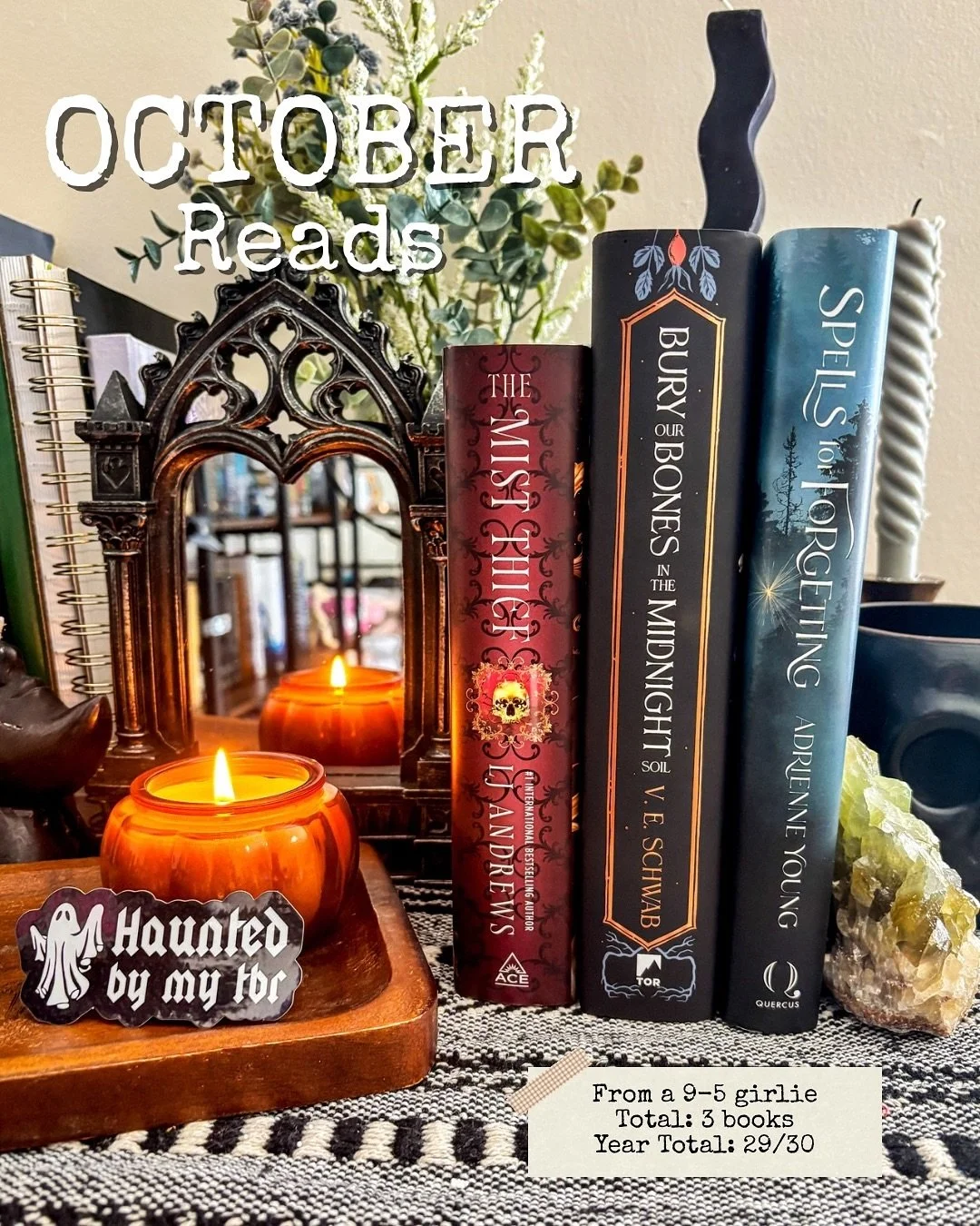 𝕺𝖈𝖙𝖔𝖇𝖊𝖗 𝕽𝖊𝖆𝖉𝖘
I was ambitious with this month&rsquo;s tbr and unfortunately didn&rsquo;t get to make it through much. I think I had like 6 or 7 on the list and only made it through 3 🤭 it happens. But I did have a couple 5 star reads, so