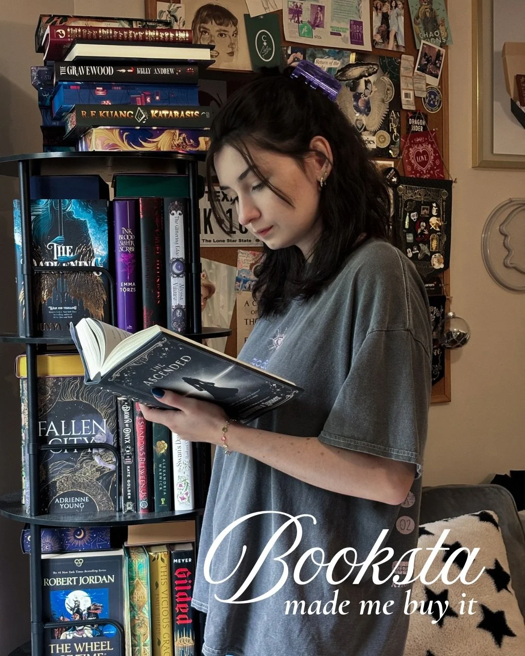 I&rsquo;m constantly influenced by what I see people recommending on booksta. Plus I&rsquo;m such vibe reader, my physical tbr is overflowing. 
🫣 that whole rotating shelf is just my tbr books. They needed their own space &hellip; as you can see all