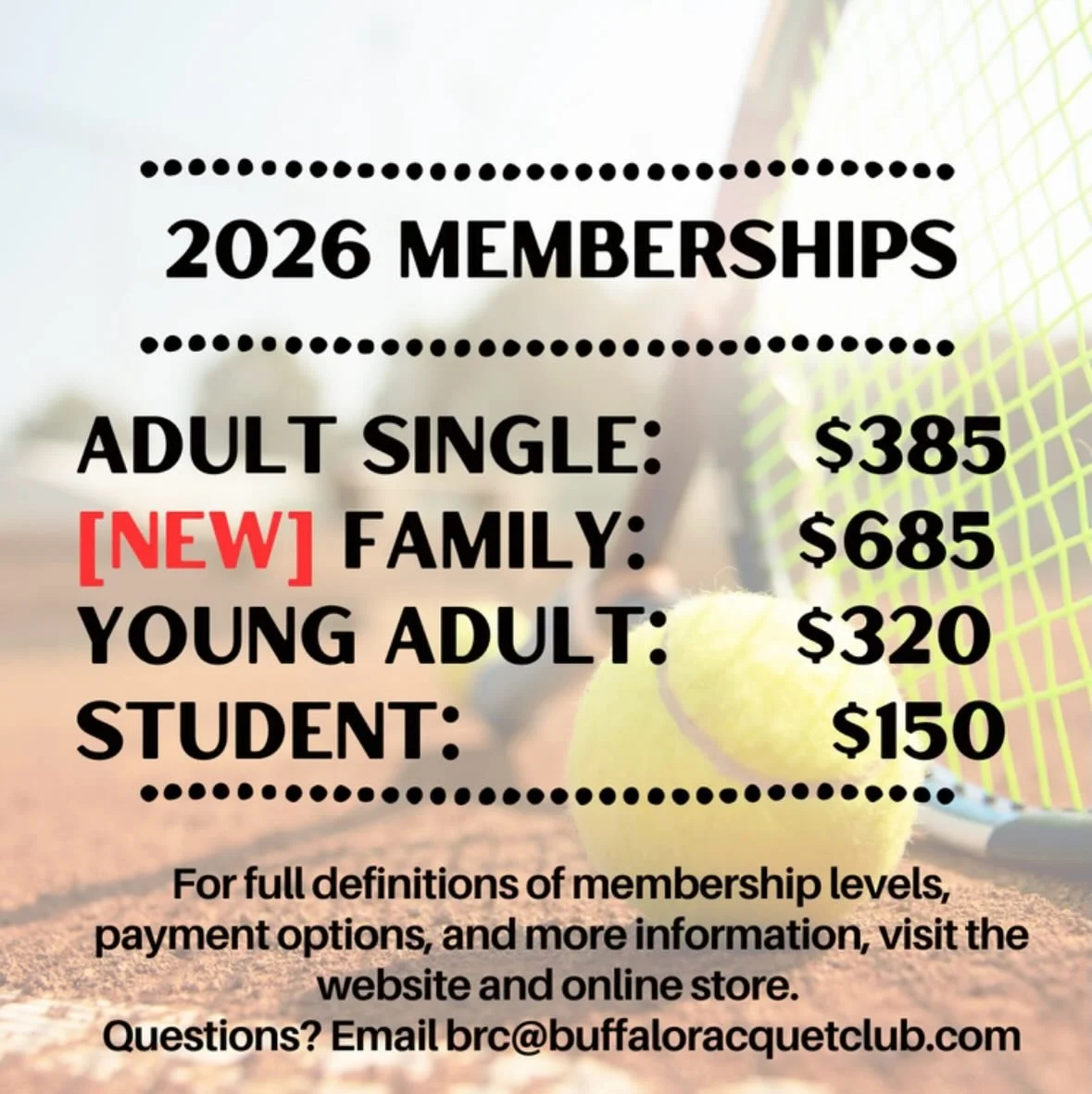2026 Memberships are LIVE!! 

The snow is melting, the birds are chirping, and clay season is almost here! And we have new membership levels available at the BRC! 

Have friends and family that love to play? Tell them about our club, and come check i