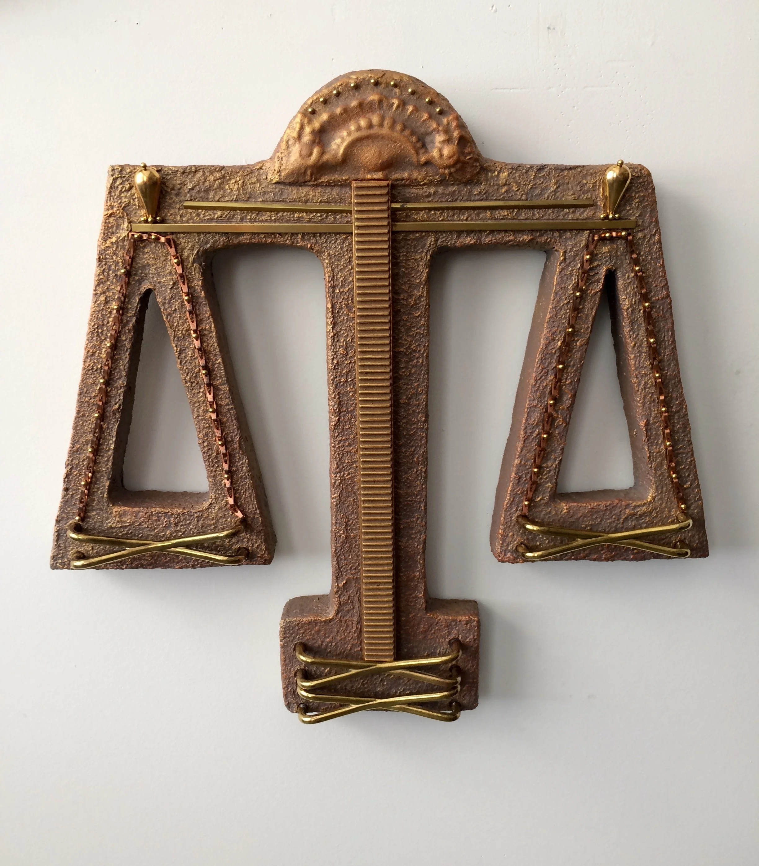JUSTICE - Mixed media, handmade paper, brass tubing, hardware and drawer pulls, chain, wood molding. (20”h x 22”w x 3”d)
