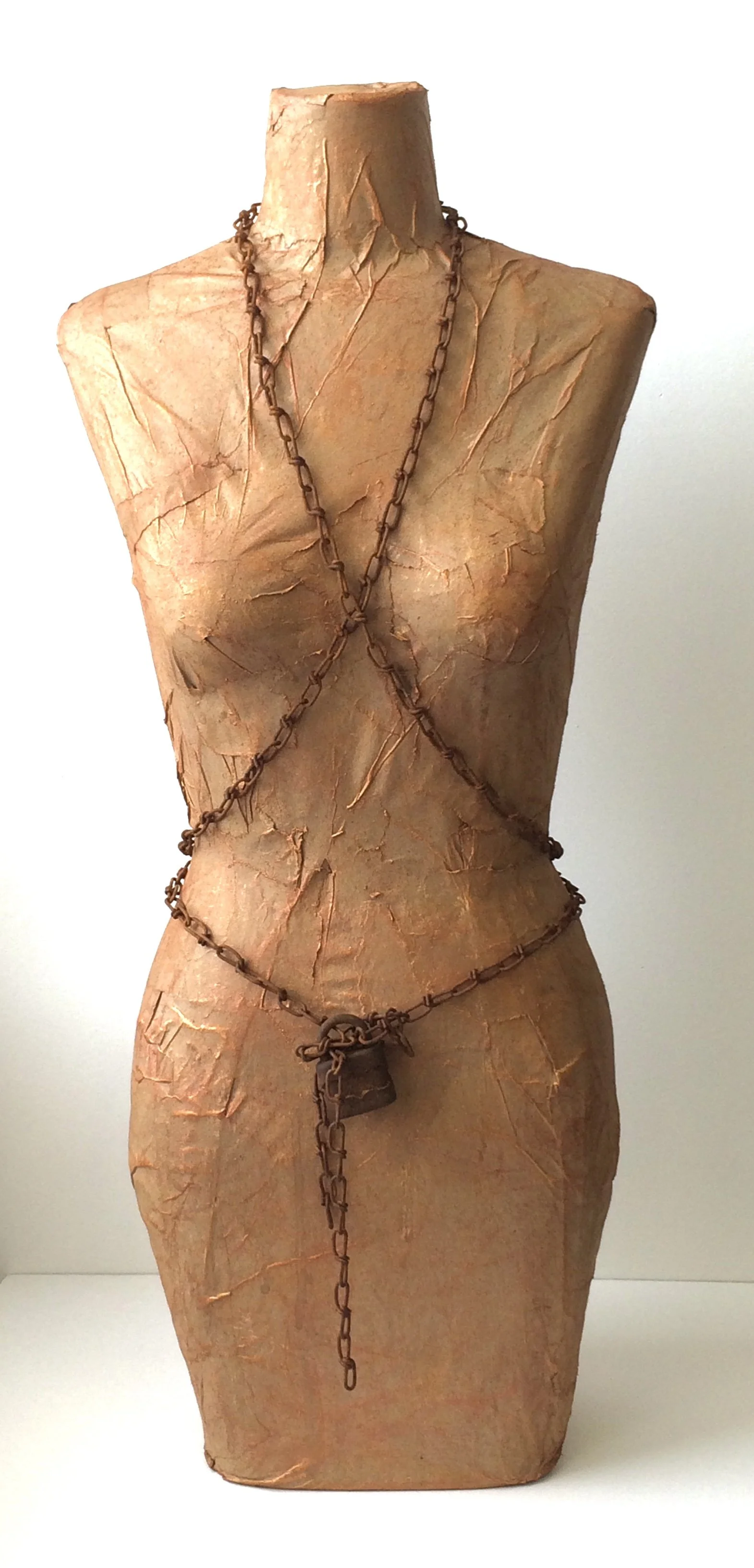 MY BODY MY CHOICE - Mannequin, metal chain and lock, paper, paint. (32”h x 13”w x 8”d) 