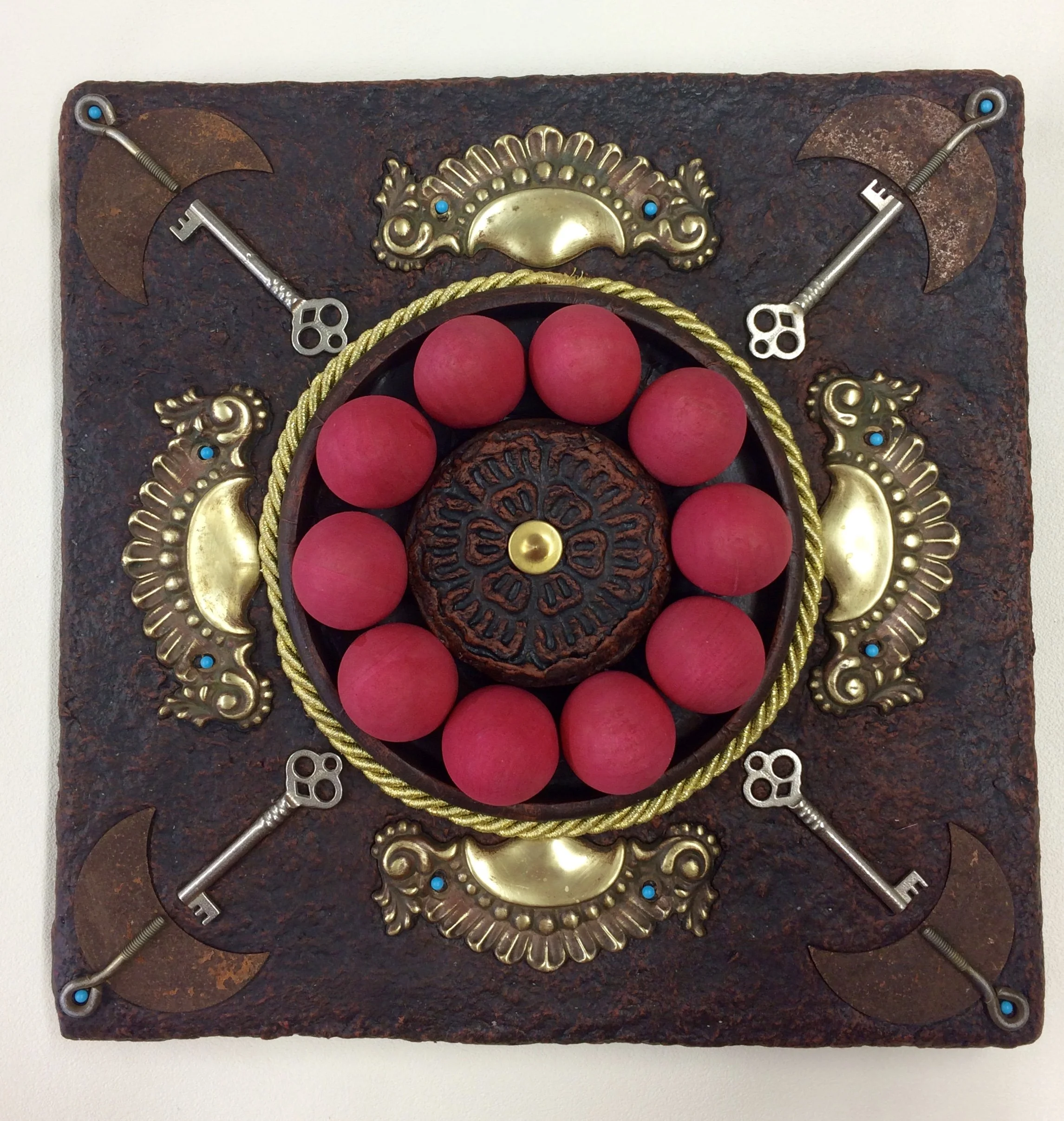 FREEDOM TO CHOOSE - Mixed media, handmade paper, brass hardware, wood eggs, keys (14”h x 14”w x 5”d)