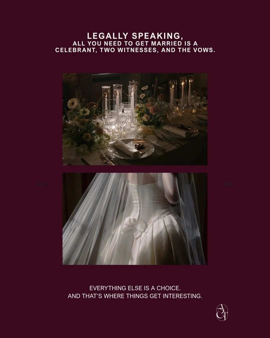 Vows &amp; Things was born out of a desire to create incredible events that push beyond the boundaries of tradition.

If you want something cool, creative, aesthetic and full of joy- we want to hear from you! 

Enquiries for 2027 now open.