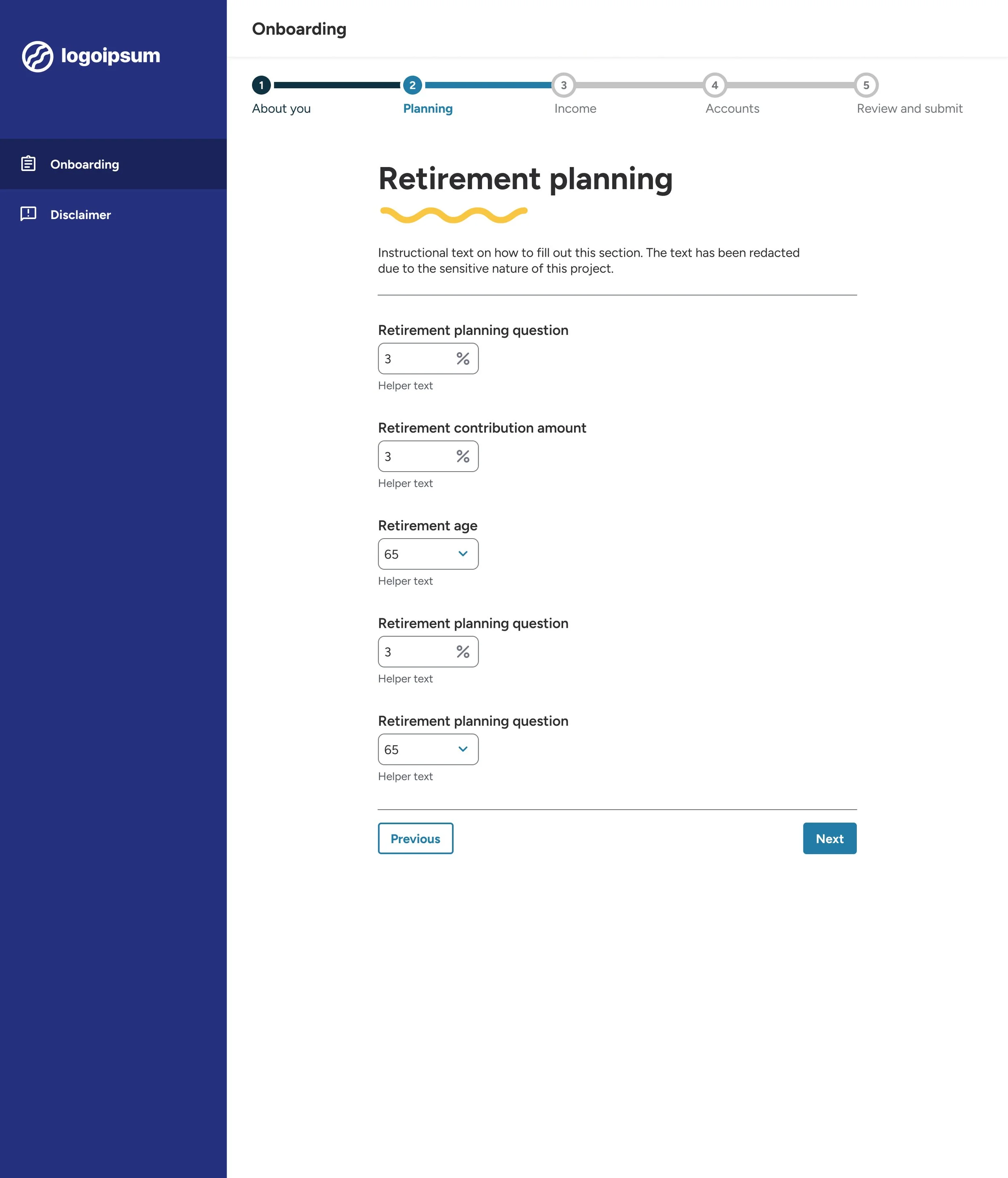 An image of a wireframe. The wireframe includes a step counter, a header, user input fields, buttons, and main navigation.