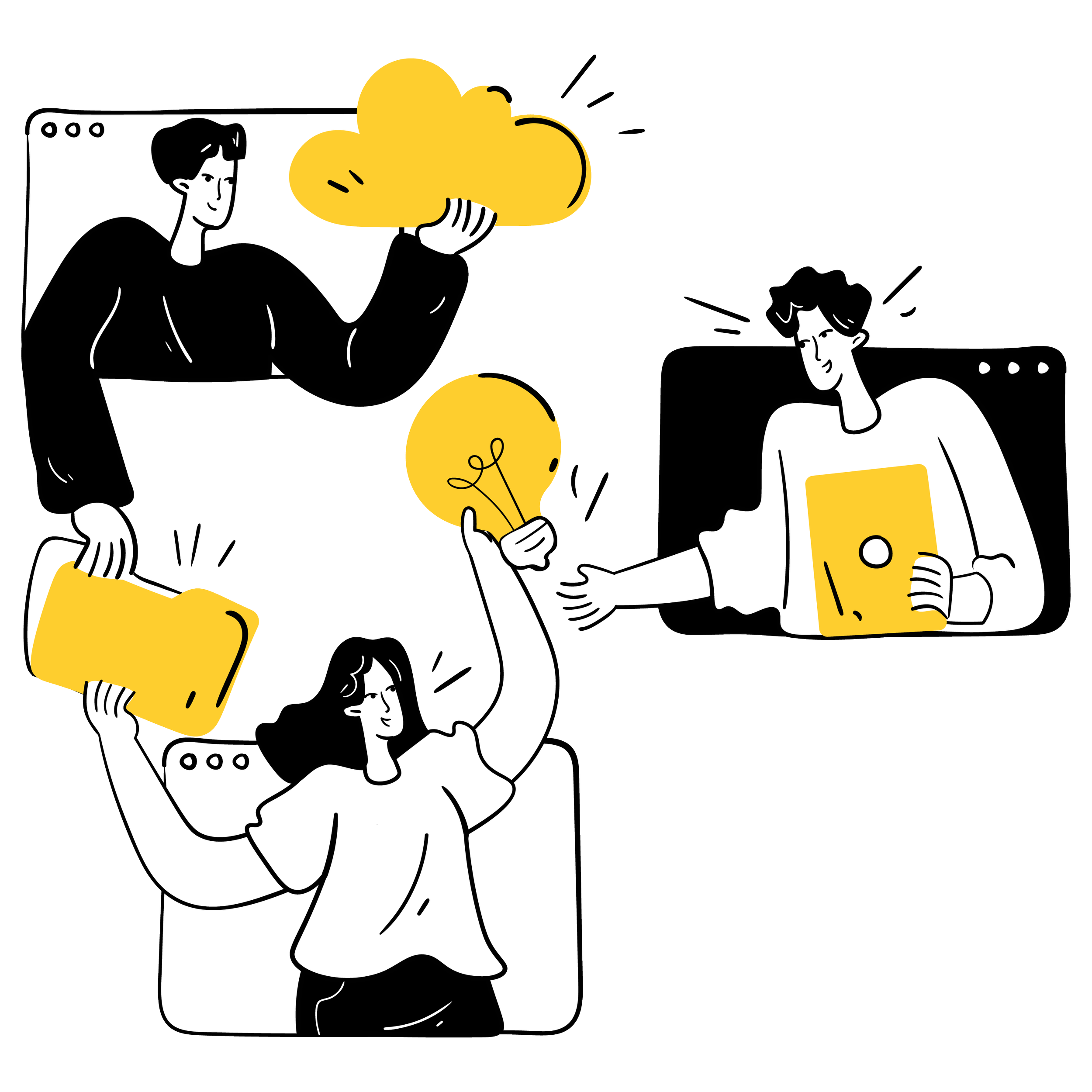 An image of 3 people in a screen sharing ideas and collaborating. One is holding a cloud and a folder, and another is passing a lightbulb off to their colleague. A third person is holding a laptop.