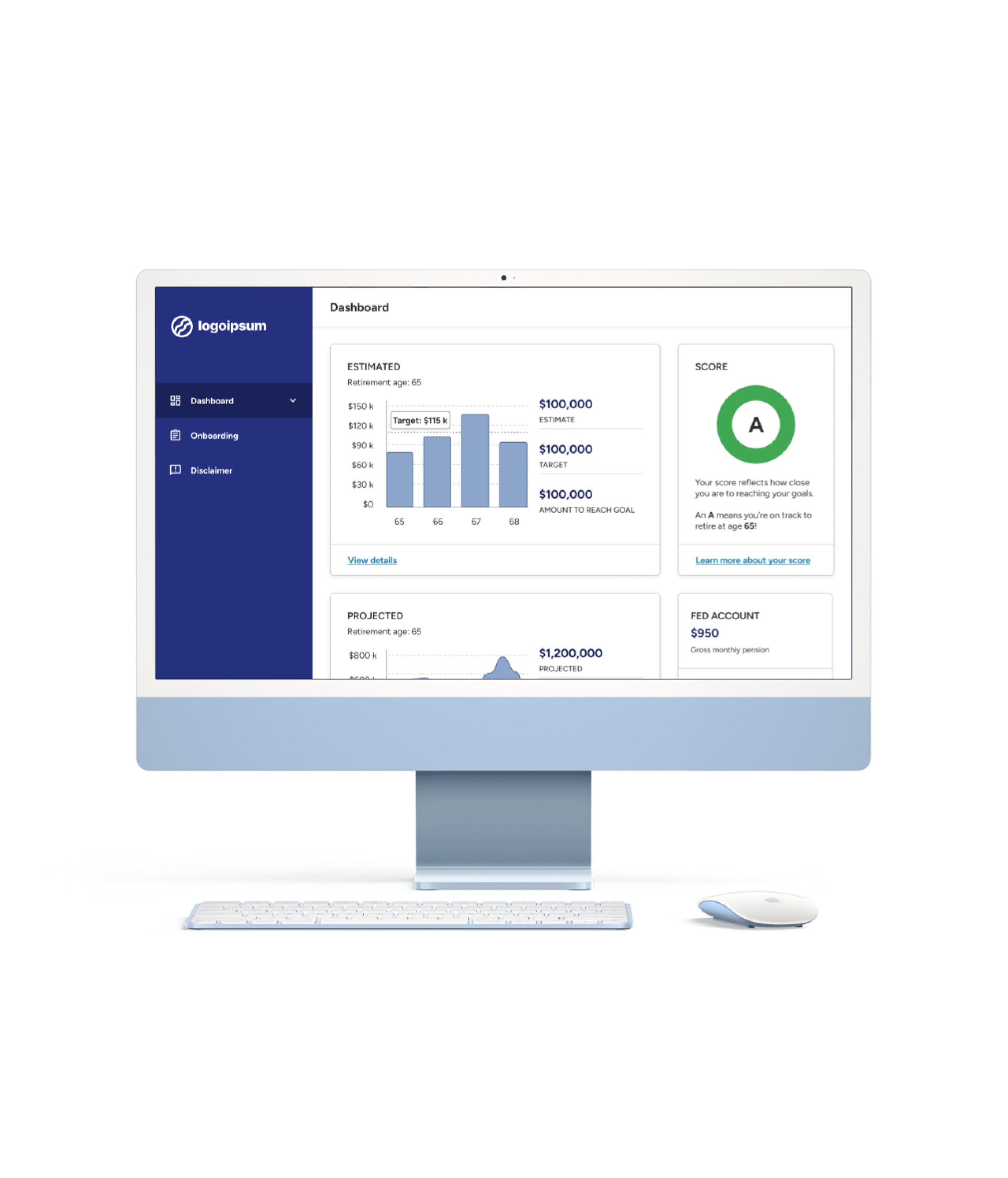 An image of a desktop computer with a wireframe on the screen. The wireframe includes a Dashboard with bar chart and donut chart along with navigation on the left.