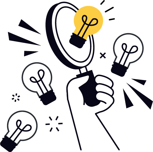 An illustration of a hand holding a magnifying glass with light bulbs surrounding it.