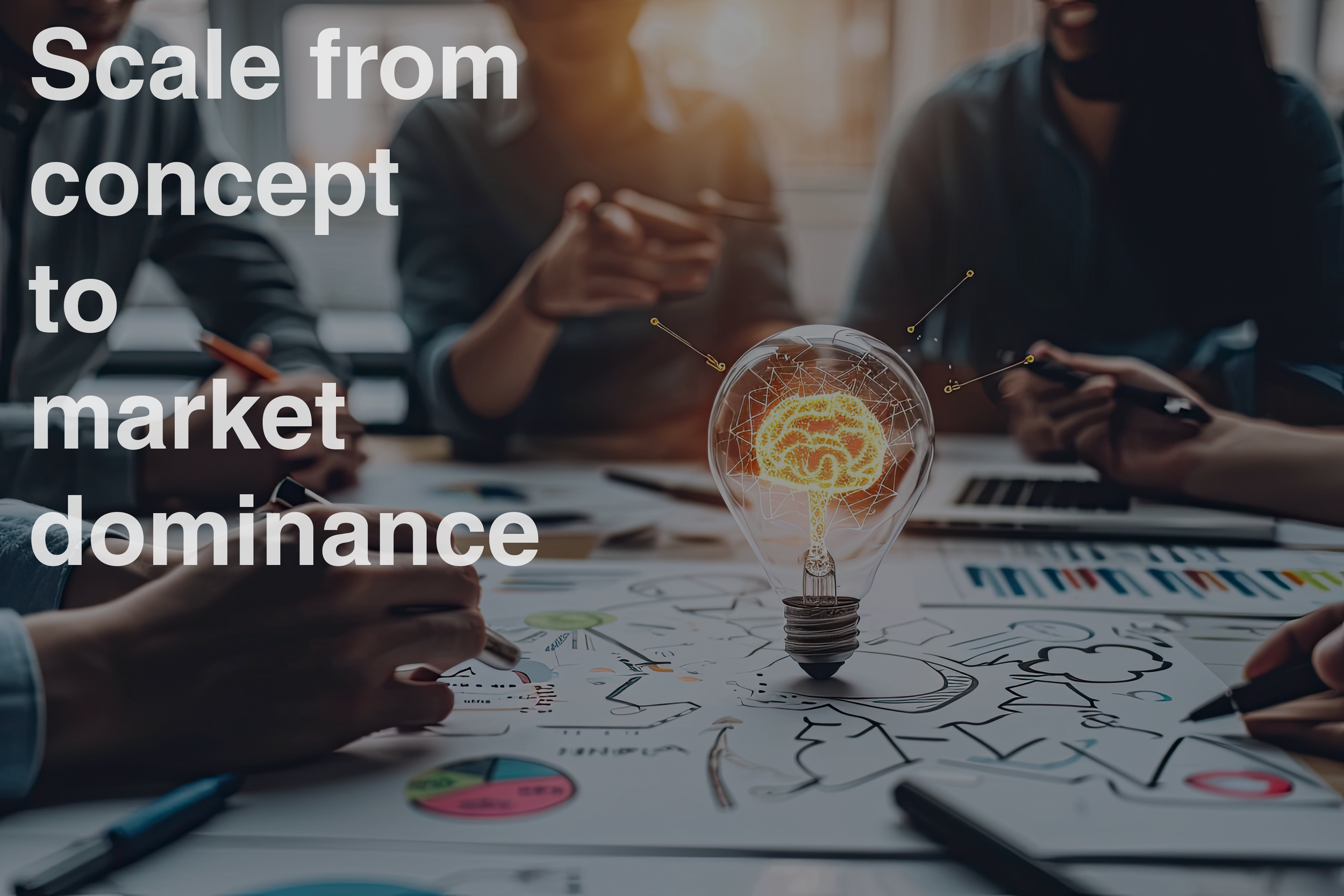 Business meeting with sketches, charts, and a glowing light bulb with a brain design inside on the table.