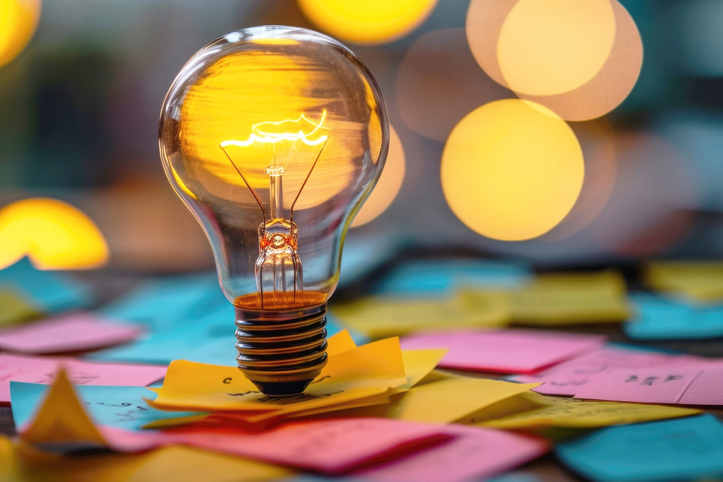 A glowing incandescent light bulb placed among colorful sticky notes on a surface, with a blurred background of circular bokeh lights.