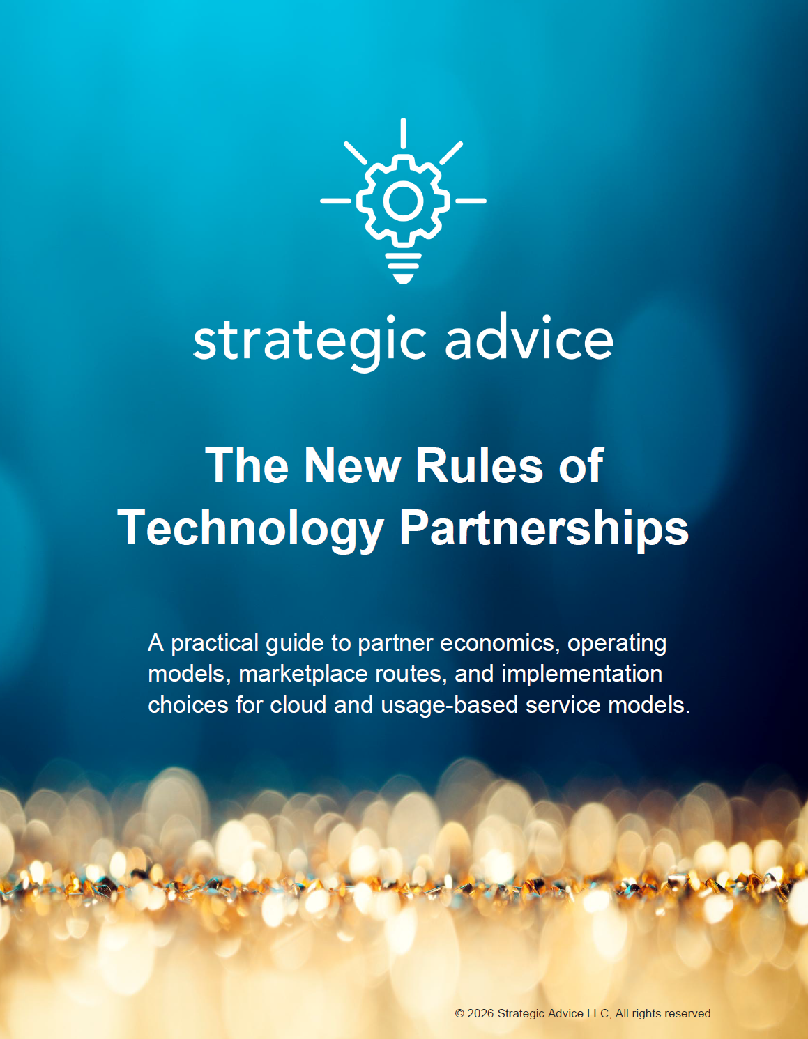 Cover of a guide titled 'Strategic Advice: The New Rules of Technology Partnerships' with a gear and lightbulb icon on a blue background and a blurred gold bokeh at the bottom.