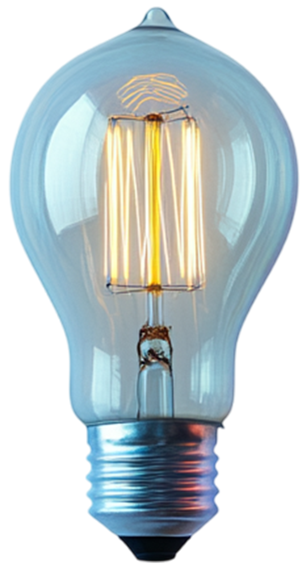 Close-up of an illuminated light bulb with visible filament.