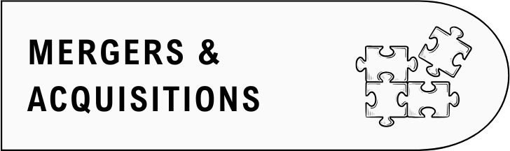 Mergers and acquisitions text with puzzle piece graphic on a white background.