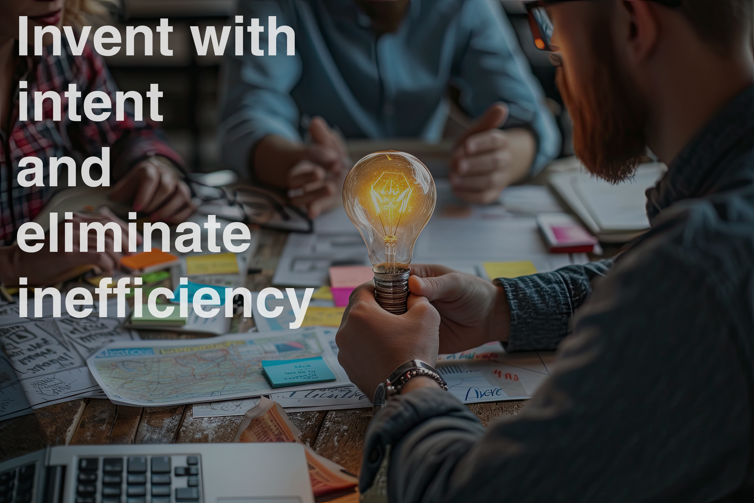 Group of people in a meeting with documents and maps, one person holding a lit lightbulb