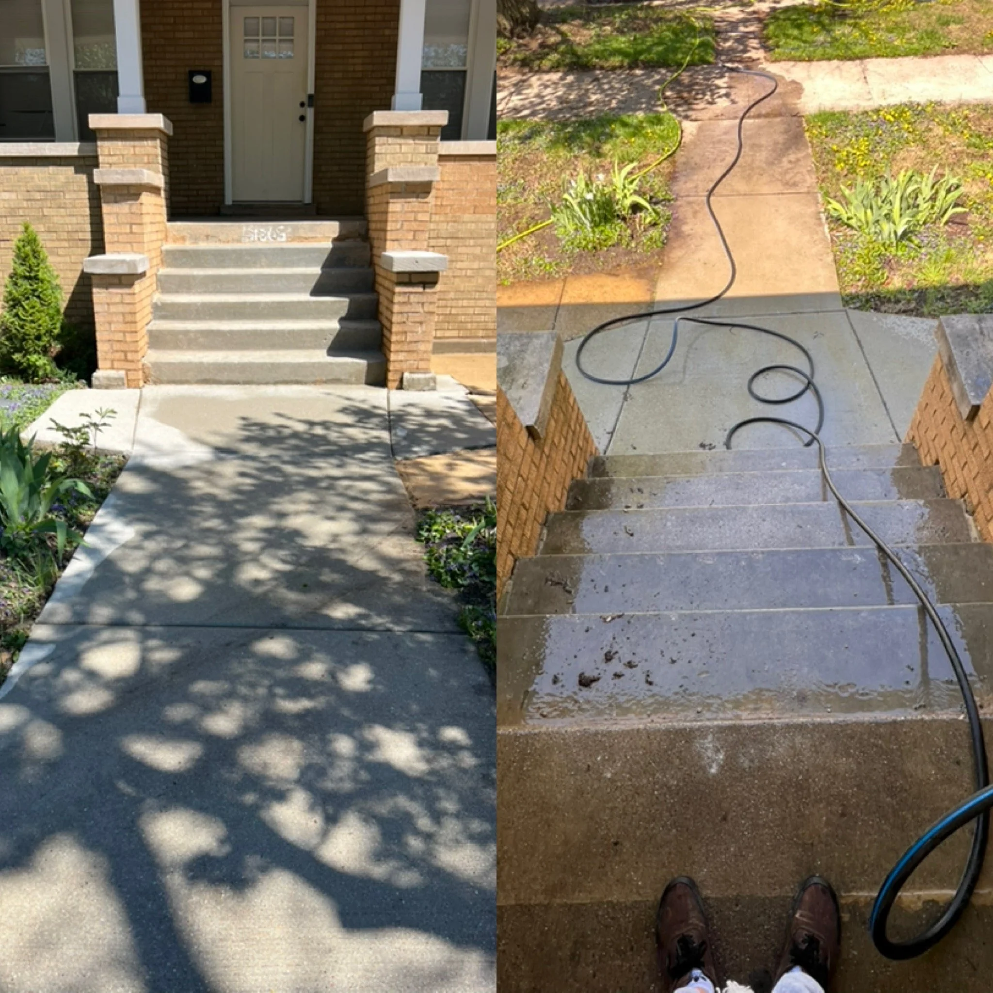 Split image showing two views of a front porch. The left side features concrete steps leading up to a house entrance with a white door, brick pillars, and green plants nearby. The right side shows a view from someone standing on the porch, with their