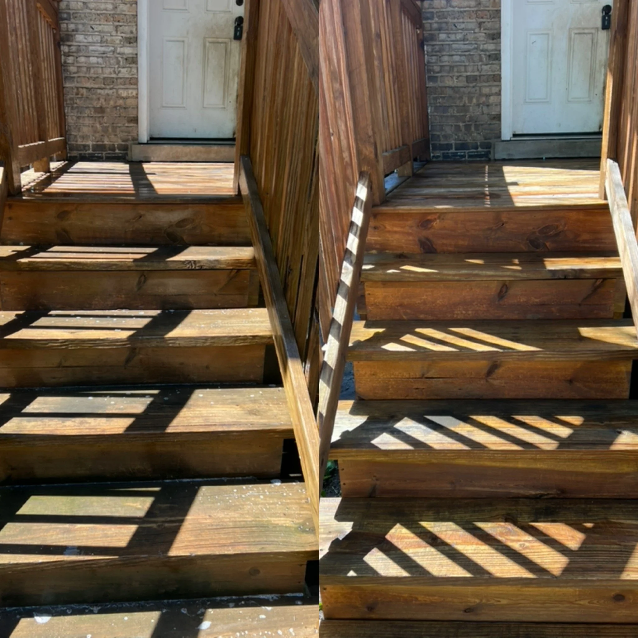 A wooden deck with railings and a staircase leading to a white door, situated against brick walls, with sunlight casting shadows.