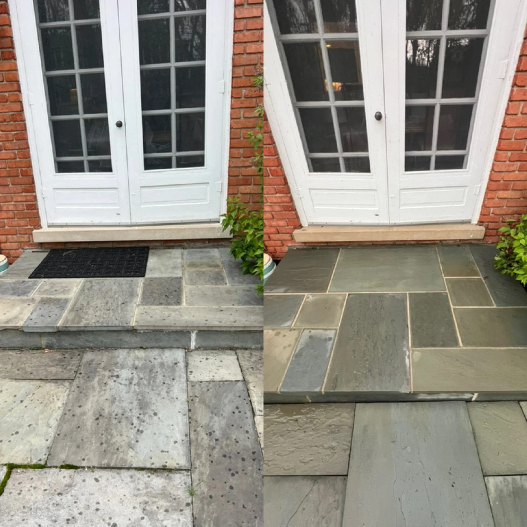 Two side-by-side images of a white French door with glass panes set into a brick wall. The left door is closed, and the right door is slightly open. The door has a black doorknob and is surrounded by a brick wall. The ground is tiled with gray stone,