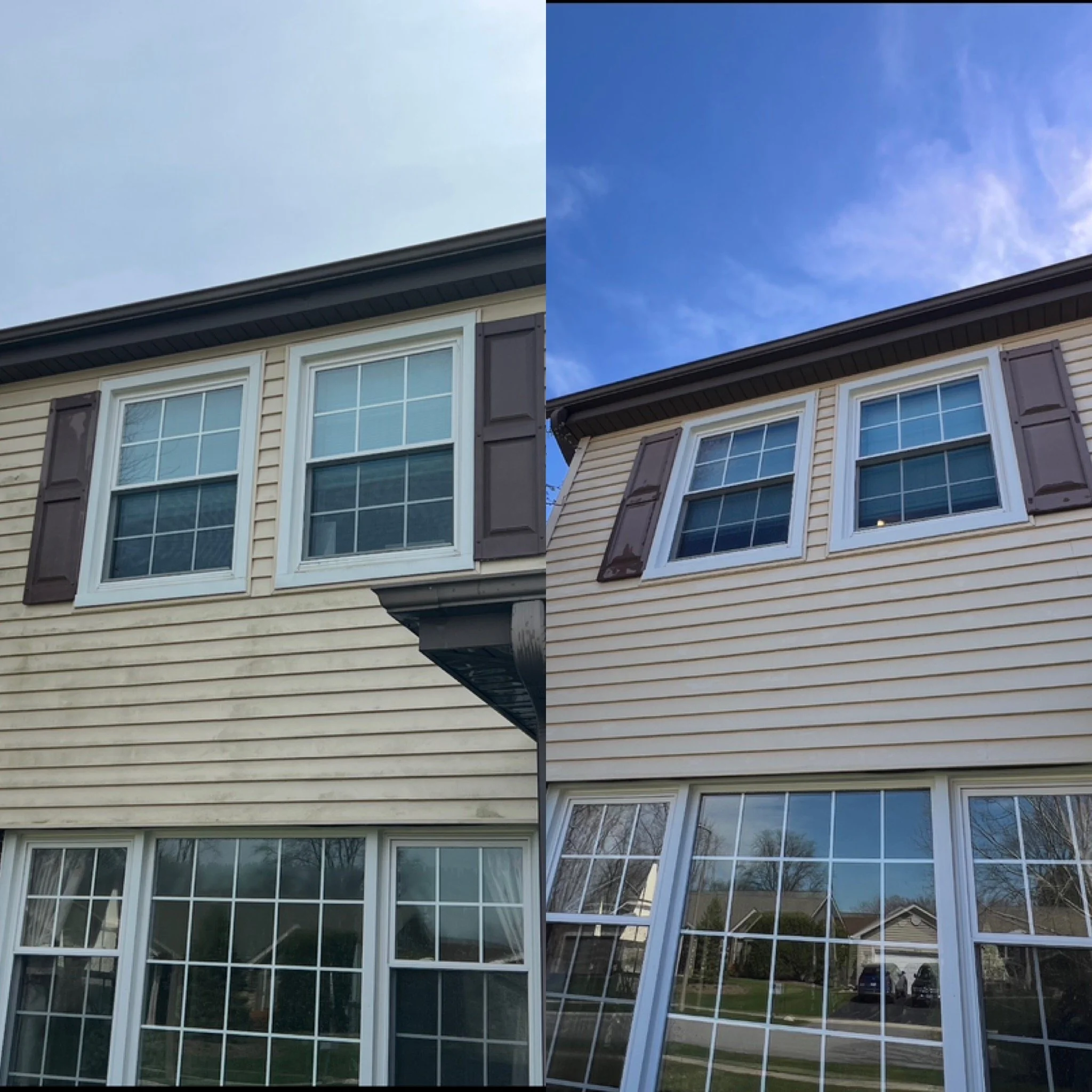 Side-by-side comparison of a house's exterior with two different window styles and sky backgrounds. The left side shows beige siding with a traditional rectangular window, and the right side shows beige siding with a large angled window. Both images feature a clear sky, with the left side having a light sky and the right side showing a blue sky with some clouds.