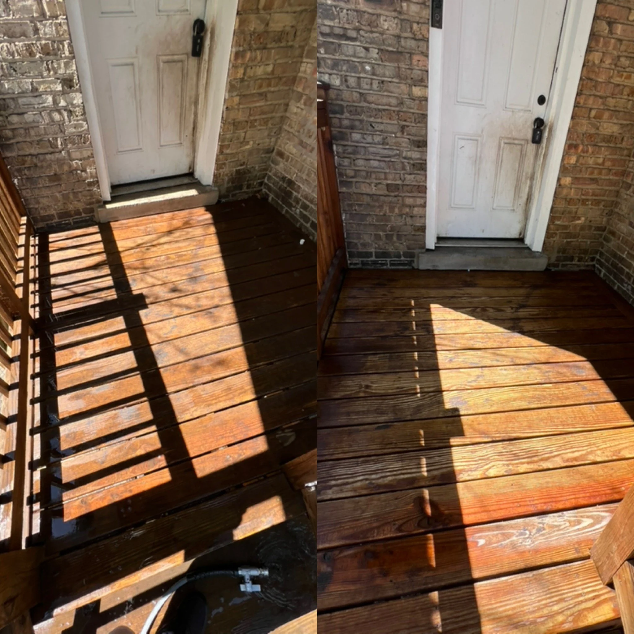 Side view of a white wooden door with a black lock, set into a brick wall, on a small porch with wooden flooring.