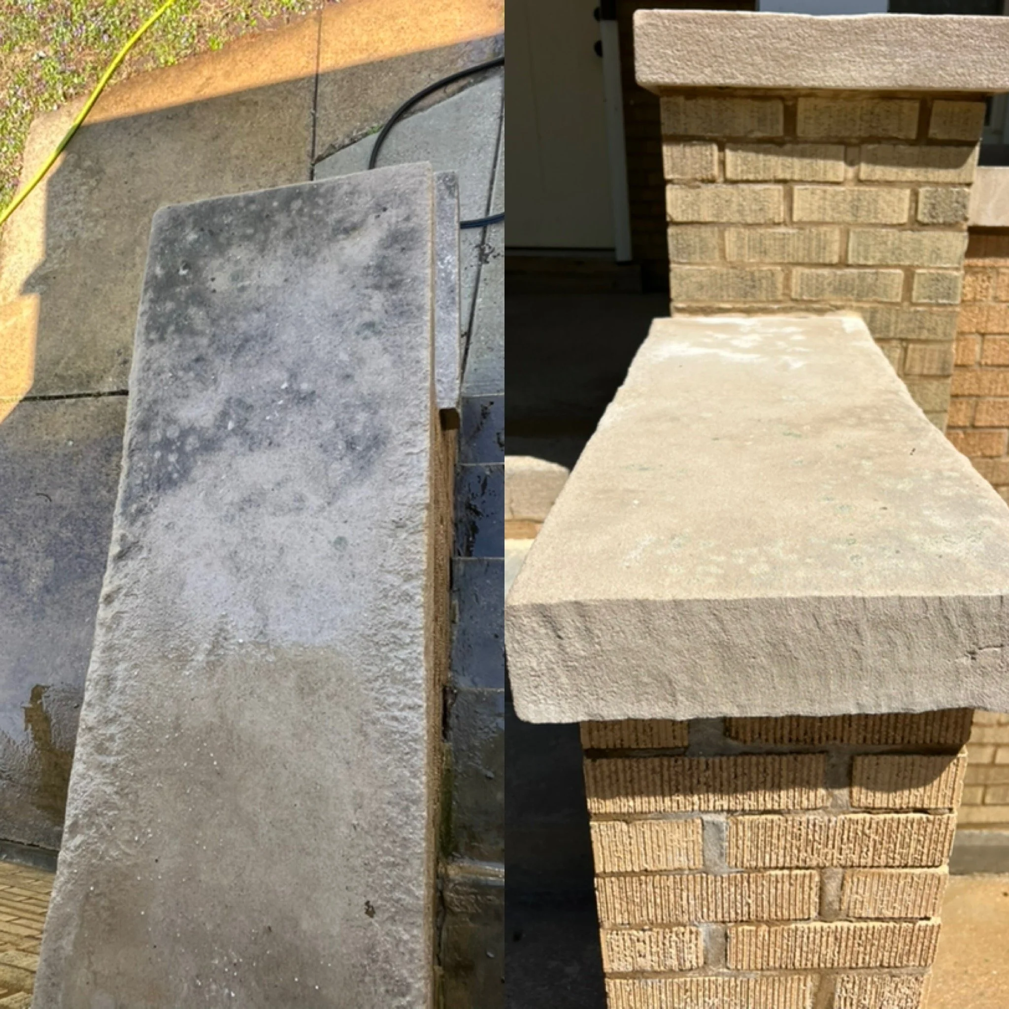 Comparison of different types of building materials placed side by side, including concrete, brick, and stone, with some cable wires visible on the concrete section.