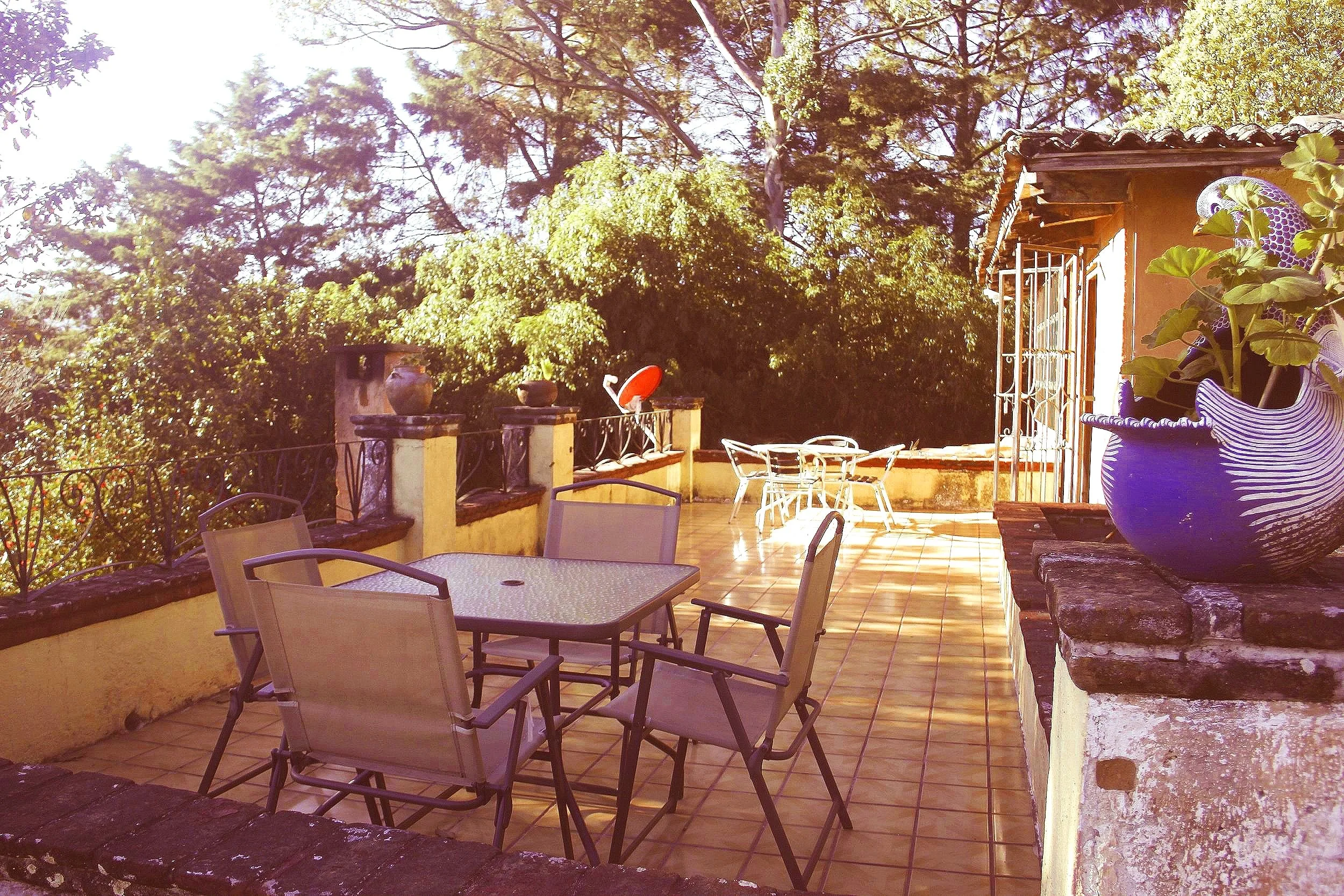 Outdoor patio with a glass table, chairs, plants, trees, tiled floor, and colorful planters.